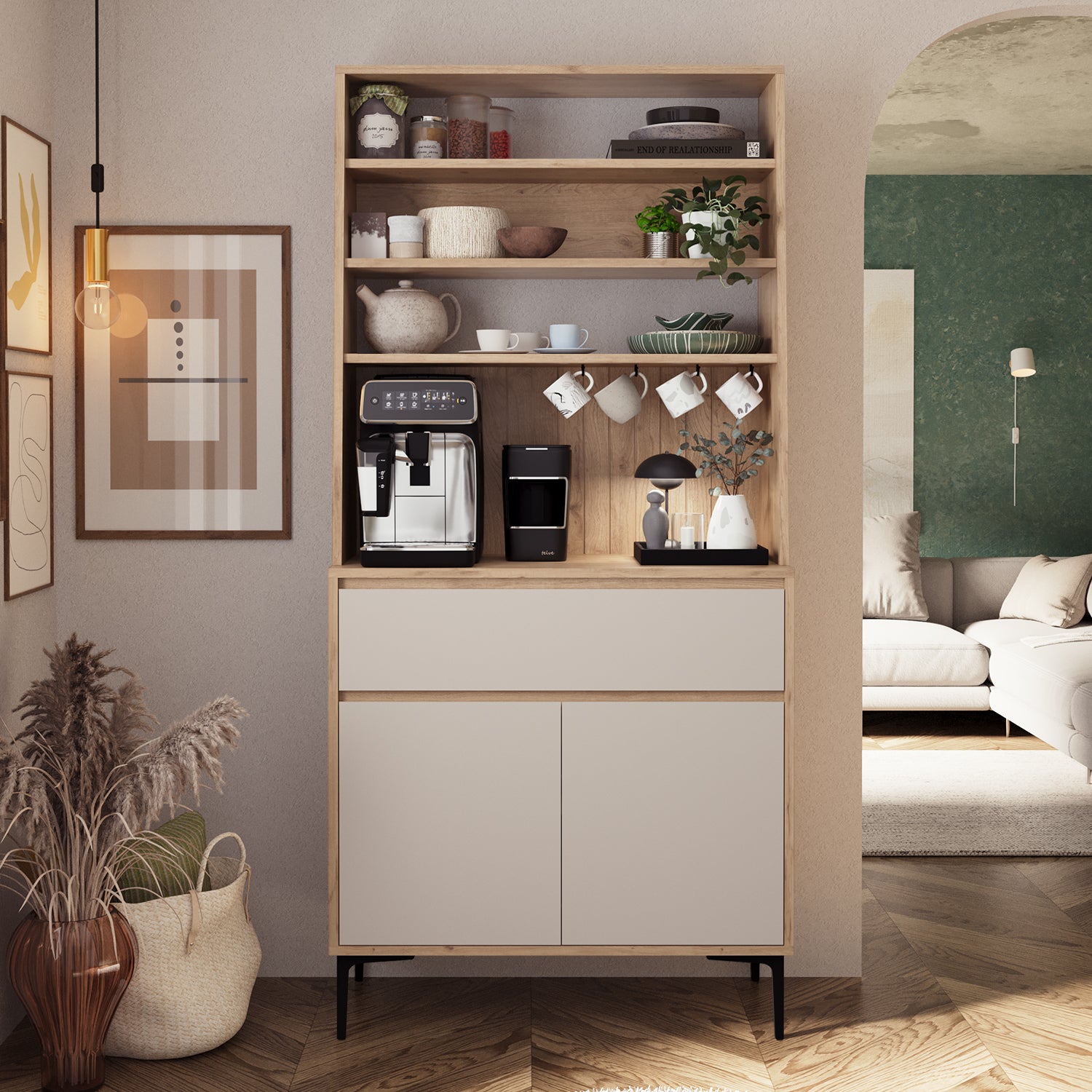 Bimossa Y60 Alba 90x187,5 cm Çok Amaçlı Yüksek Ayaklı Kahve Köşesi Dolabı, Kapaklı Raflı Mutfak Dolabı, Kahve İstasyonu, Kiler Dolabı, Organizer Dolap, Mikrodalga  & Airfryer Standı