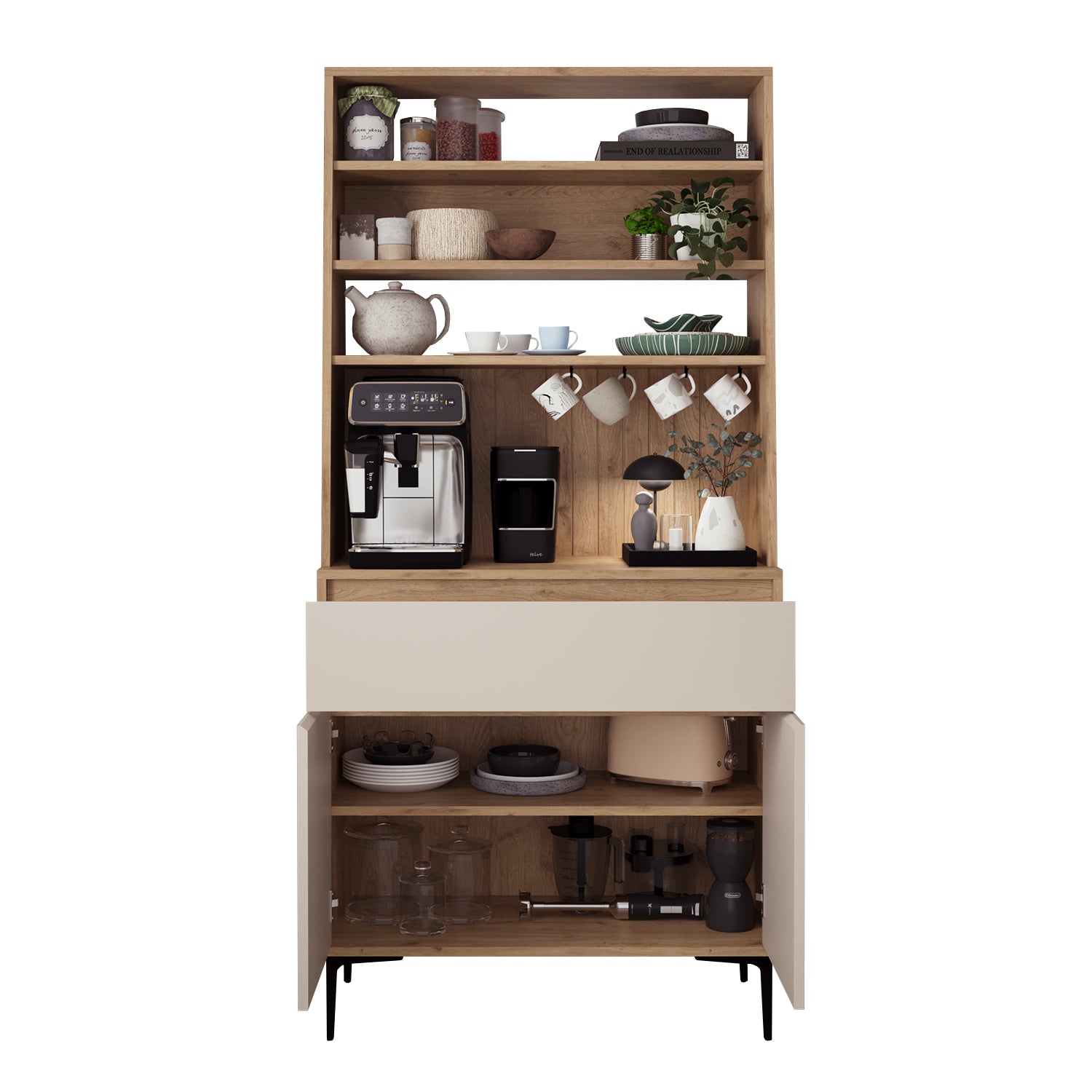 Bimossa Y60 Alba 90x187,5 cm Çok Amaçlı Yüksek Ayaklı Kahve Köşesi Dolabı, Kapaklı Raflı Mutfak Dolabı, Kahve İstasyonu, Kiler Dolabı, Organizer Dolap, Mikrodalga  & Airfryer Standı