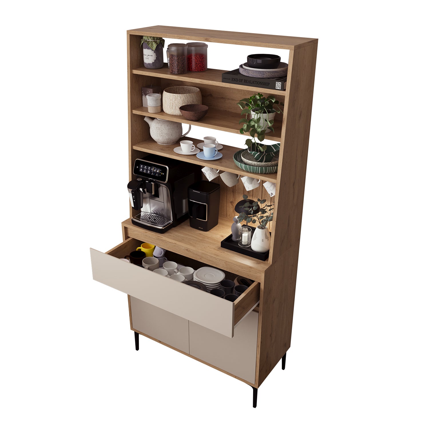 Bimossa Y60 Alba 90x187,5 cm Çok Amaçlı Yüksek Ayaklı Kahve Köşesi Dolabı, Kapaklı Raflı Mutfak Dolabı, Kahve İstasyonu, Kiler Dolabı, Organizer Dolap, Mikrodalga  & Airfryer Standı