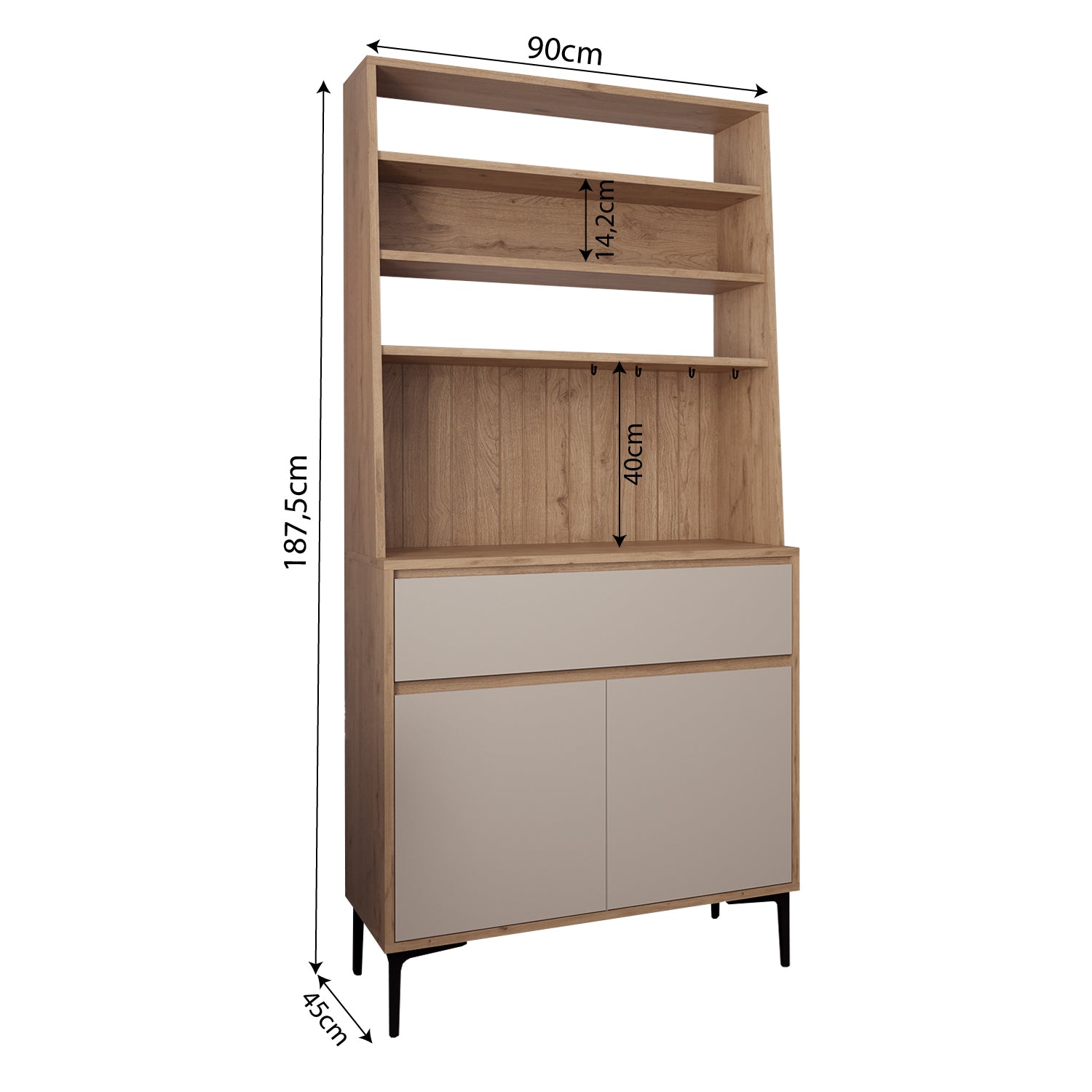 Bimossa Y60 Alba 90x187,5 cm Çok Amaçlı Yüksek Ayaklı Kahve Köşesi Dolabı, Kapaklı Raflı Mutfak Dolabı, Kahve İstasyonu, Kiler Dolabı, Organizer Dolap, Mikrodalga  & Airfryer Standı