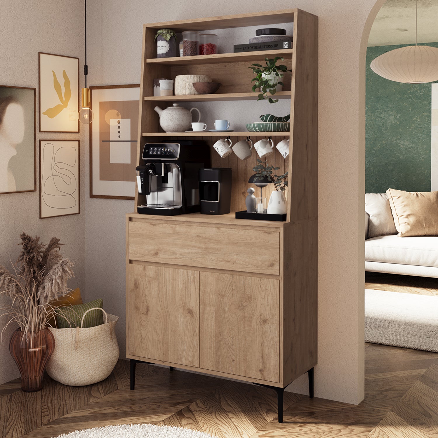Bimossa Y60 Alba 90x187,5 cm Çok Amaçlı Yüksek Ayaklı Kahve Köşesi Dolabı, Kapaklı Raflı Mutfak Dolabı, Kahve İstasyonu, Kiler Dolabı, Organizer Dolap, Mikrodalga  & Airfryer Standı