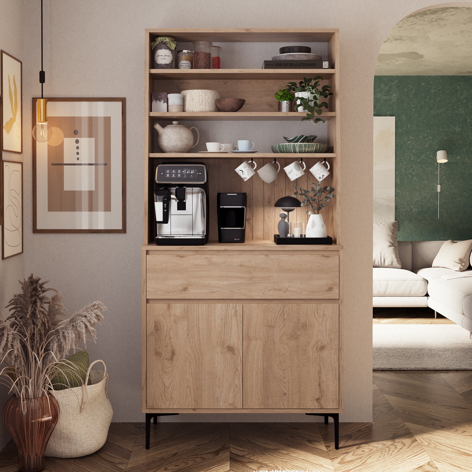 Bimossa Y60 Alba 90x187,5 cm Çok Amaçlı Yüksek Ayaklı Kahve Köşesi Dolabı, Kapaklı Raflı Mutfak Dolabı, Kahve İstasyonu, Kiler Dolabı, Organizer Dolap, Mikrodalga  & Airfryer Standı