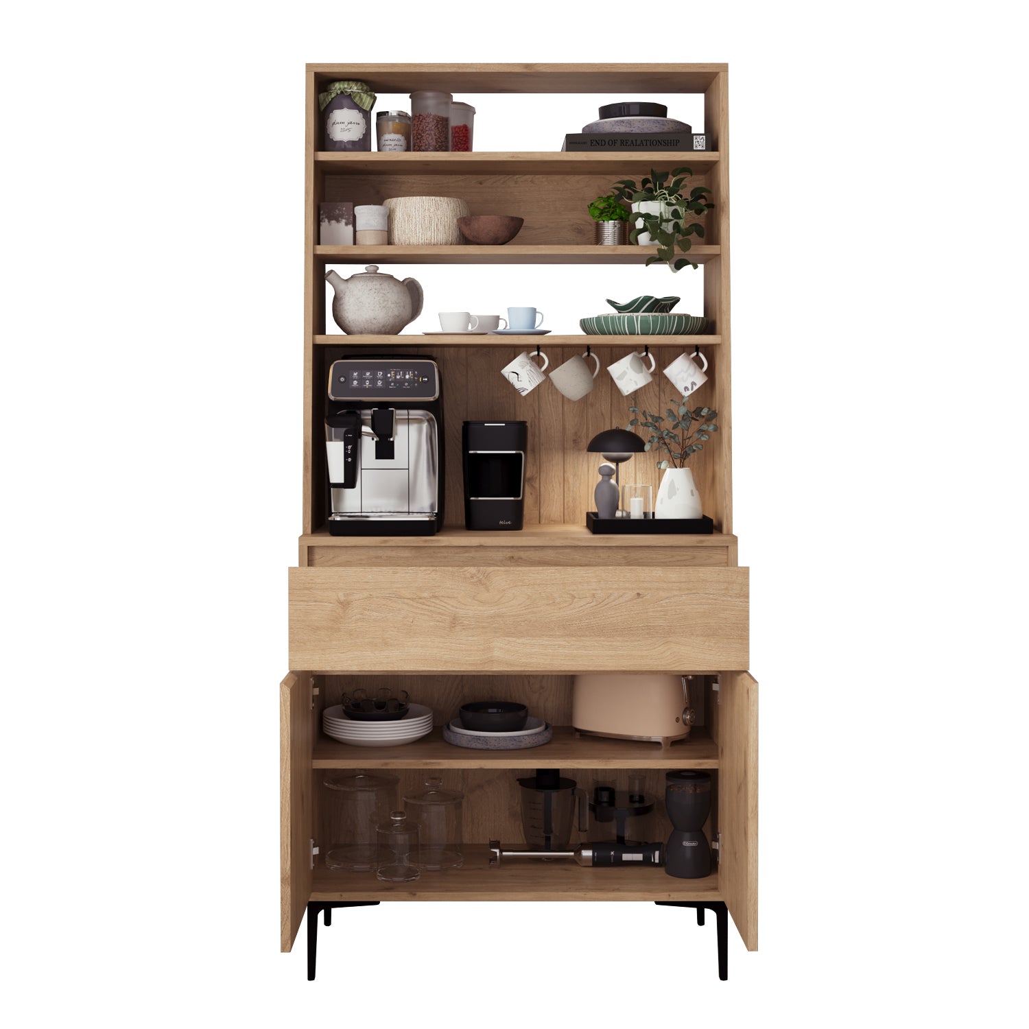 Bimossa Y60 Alba 90x187,5 cm Çok Amaçlı Yüksek Ayaklı Kahve Köşesi Dolabı, Kapaklı Raflı Mutfak Dolabı, Kahve İstasyonu, Kiler Dolabı, Organizer Dolap, Mikrodalga  & Airfryer Standı