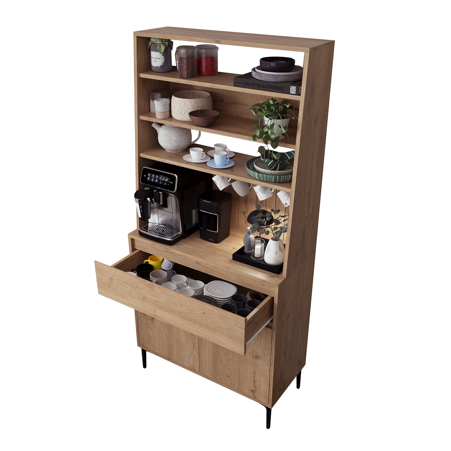 Bimossa Y60 Alba 90x187,5 cm Çok Amaçlı Yüksek Ayaklı Kahve Köşesi Dolabı, Kapaklı Raflı Mutfak Dolabı, Kahve İstasyonu, Kiler Dolabı, Organizer Dolap, Mikrodalga  & Airfryer Standı