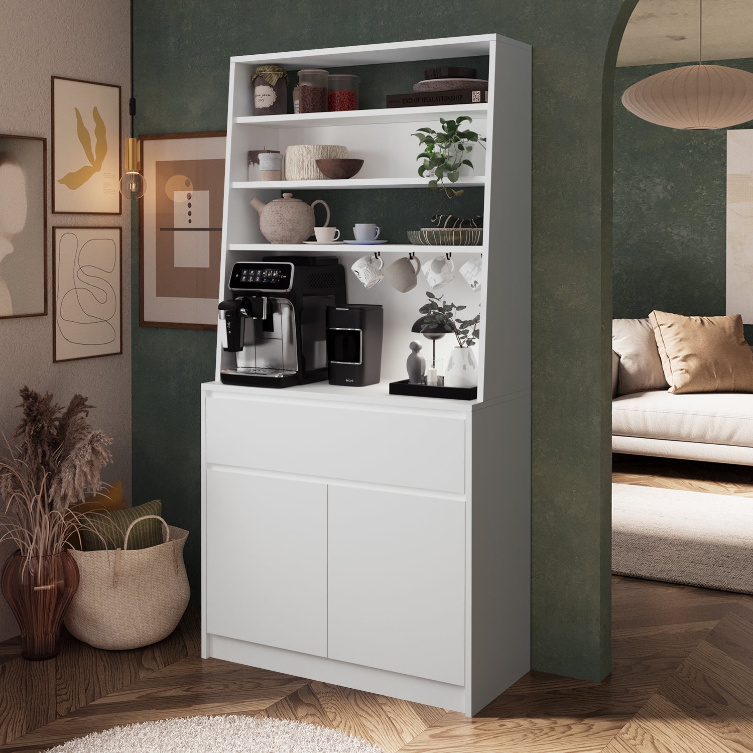 Bimossa Y30 Alba 90x180 cm Çok Amaçlı Kahve Köşesi Dolabı, Kapaklı Raflı Mutfak Dolabı, Kahve İstasyonu, Kiler Dolabı, Organizer Dolap, Mikrodalga  & Airfryer Standı