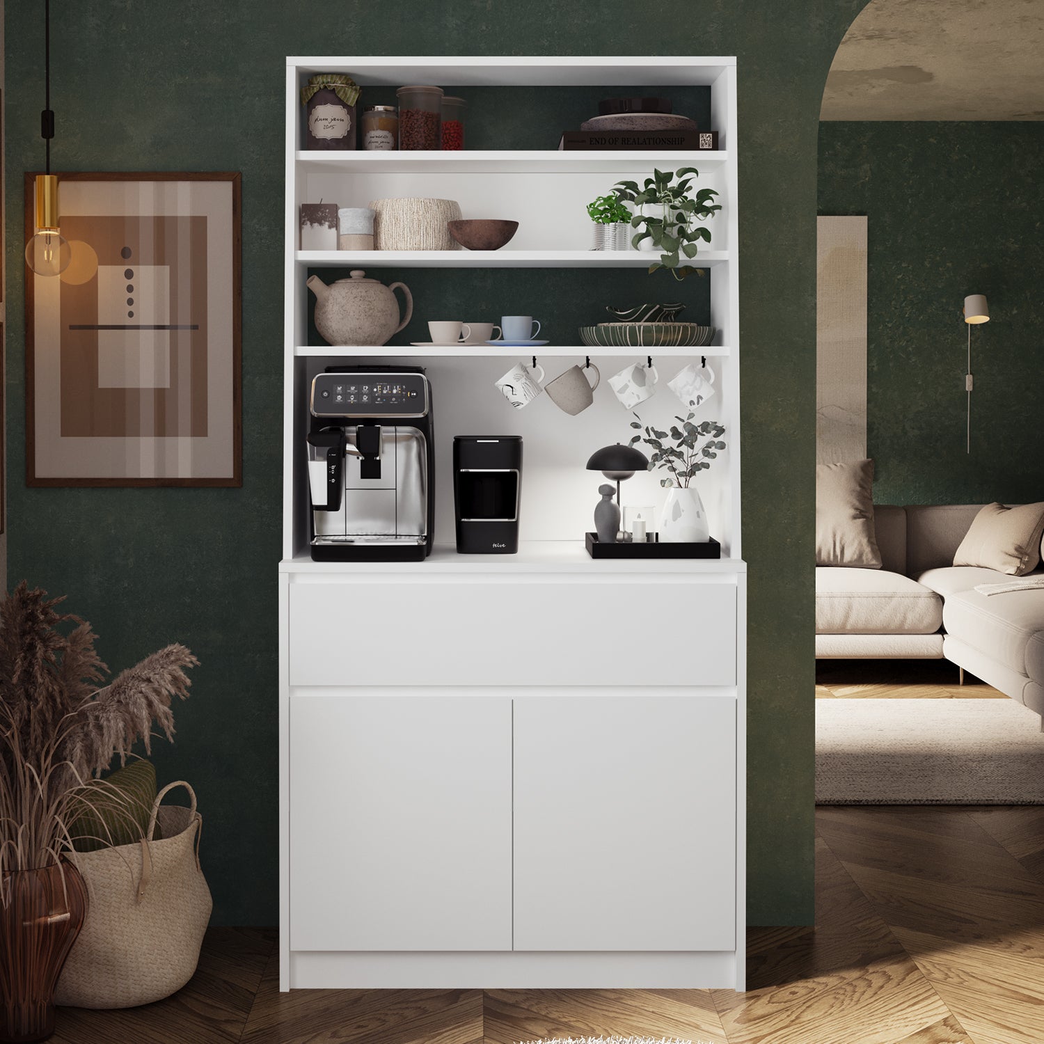 Bimossa Y30 Alba 90x180 cm Çok Amaçlı Kahve Köşesi Dolabı, Kapaklı Raflı Mutfak Dolabı, Kahve İstasyonu, Kiler Dolabı, Organizer Dolap, Mikrodalga  & Airfryer Standı