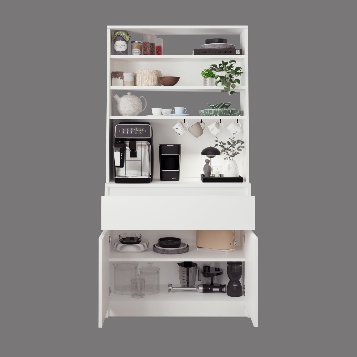 Bimossa Y30 Alba 90x180 cm Çok Amaçlı Kahve Köşesi Dolabı, Kapaklı Raflı Mutfak Dolabı, Kahve İstasyonu, Kiler Dolabı, Organizer Dolap, Mikrodalga  & Airfryer Standı