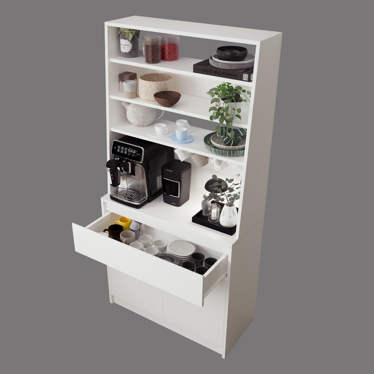 Bimossa Y30 Alba 90x180 cm Çok Amaçlı Kahve Köşesi Dolabı, Kapaklı Raflı Mutfak Dolabı, Kahve İstasyonu, Kiler Dolabı, Organizer Dolap, Mikrodalga  & Airfryer Standı