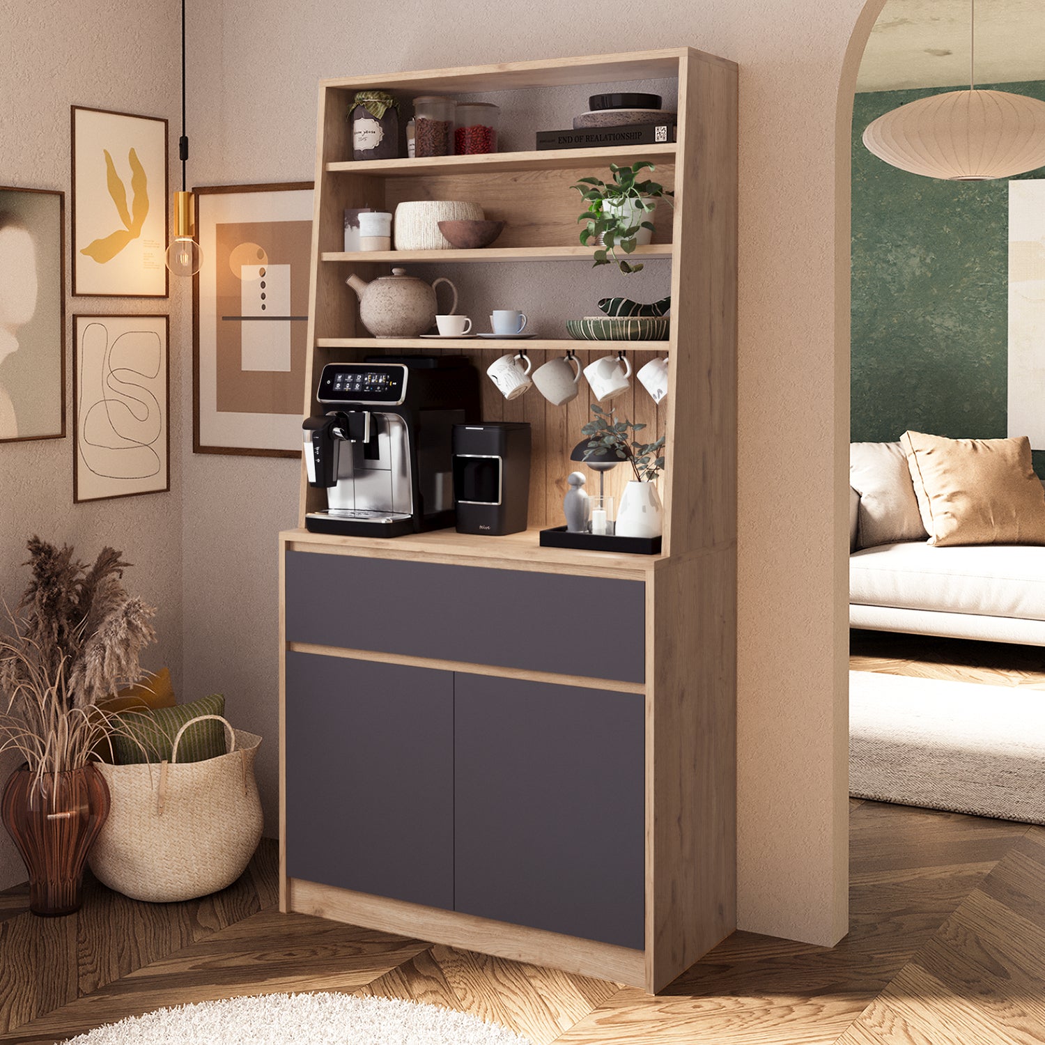 Bimossa Y30 Alba 90x180 cm Çok Amaçlı Kahve Köşesi Dolabı, Kapaklı Raflı Mutfak Dolabı, Kahve İstasyonu, Kiler Dolabı, Organizer Dolap, Mikrodalga  & Airfryer Standı