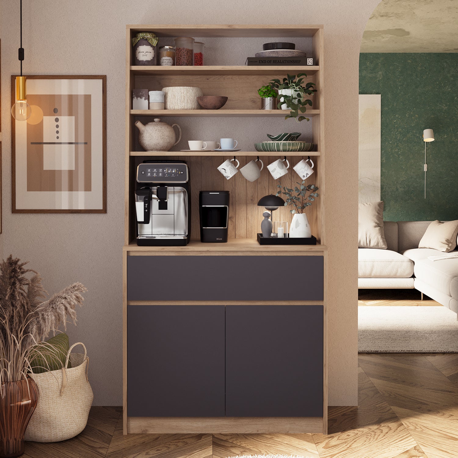 Bimossa Y30 Alba 90x180 cm Çok Amaçlı Kahve Köşesi Dolabı, Kapaklı Raflı Mutfak Dolabı, Kahve İstasyonu, Kiler Dolabı, Organizer Dolap, Mikrodalga  & Airfryer Standı