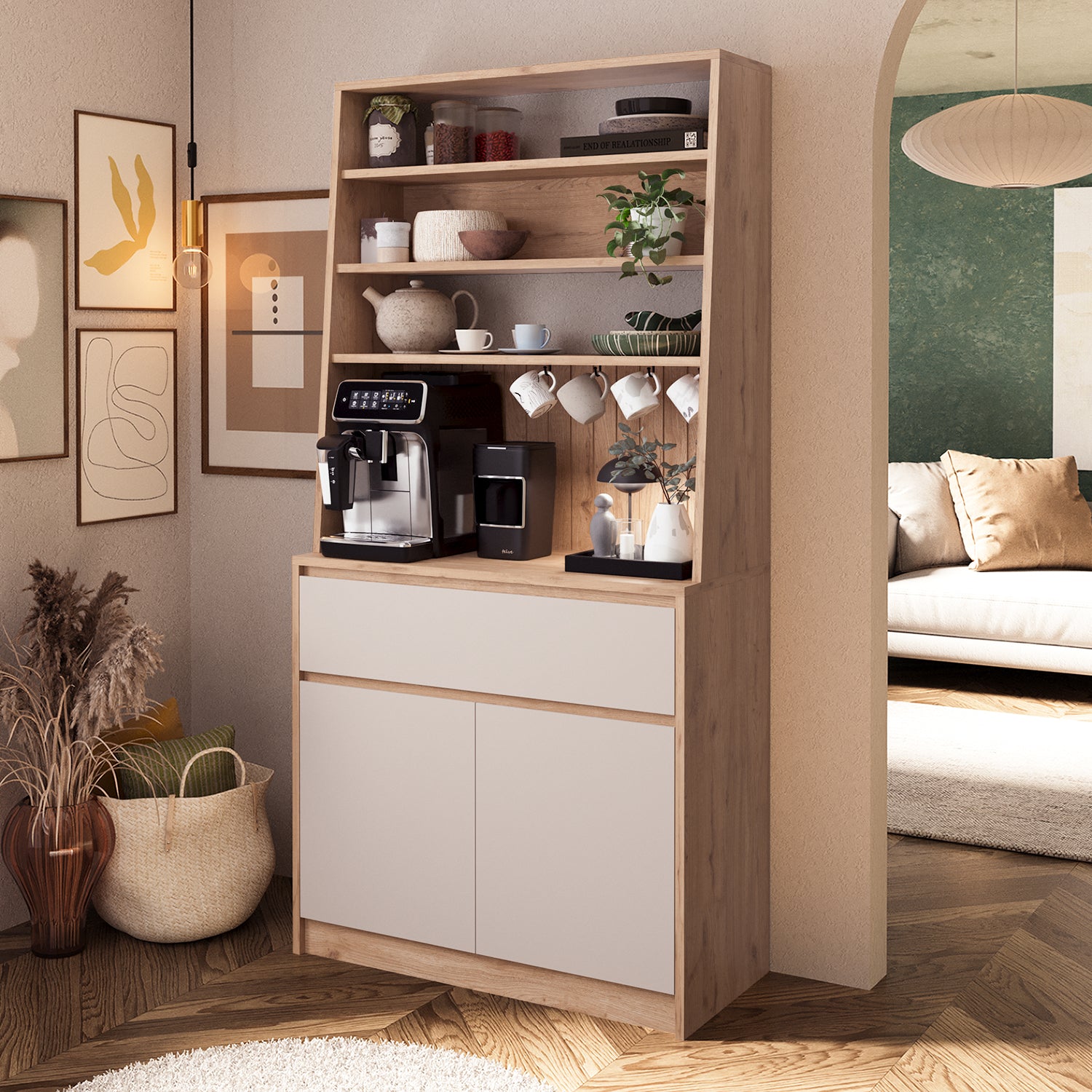 Bimossa Y30 Alba 90x180 cm Çok Amaçlı Kahve Köşesi Dolabı, Kapaklı Raflı Mutfak Dolabı, Kahve İstasyonu, Kiler Dolabı, Organizer Dolap, Mikrodalga  & Airfryer Standı