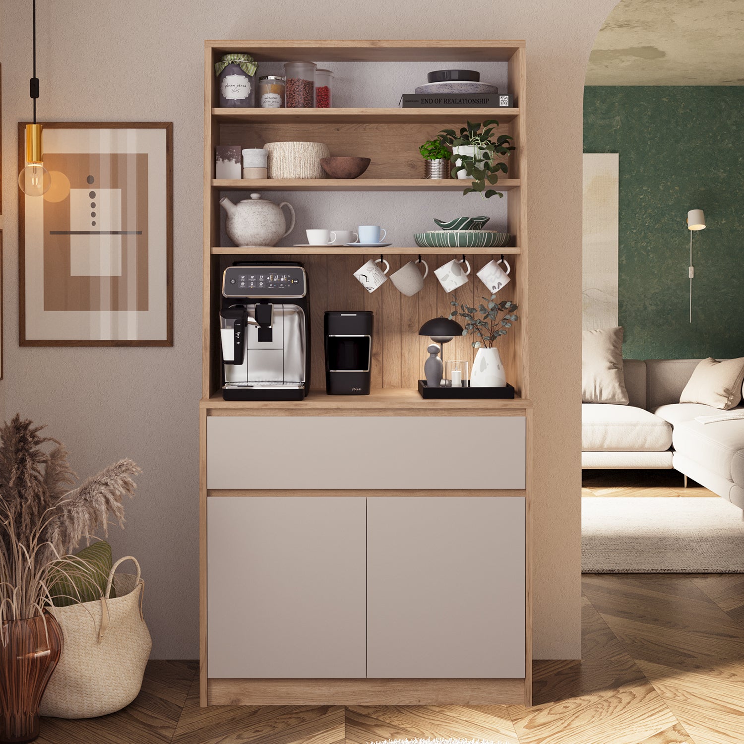 Bimossa Y30 Alba 90x180 cm Çok Amaçlı Kahve Köşesi Dolabı, Kapaklı Raflı Mutfak Dolabı, Kahve İstasyonu, Kiler Dolabı, Organizer Dolap, Mikrodalga  & Airfryer Standı