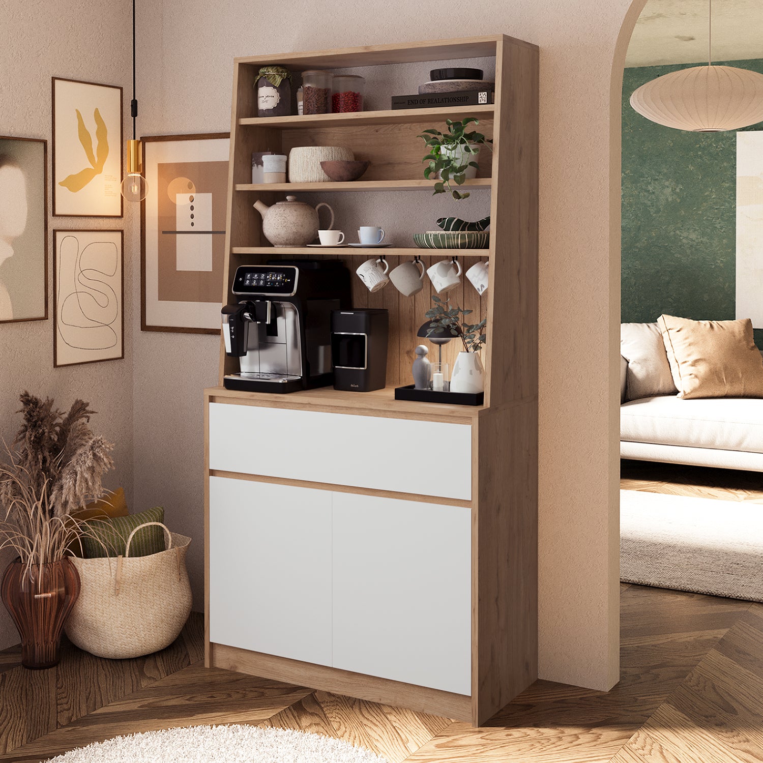 Bimossa Y30 Alba 90x180 cm Çok Amaçlı Kahve Köşesi Dolabı, Kapaklı Raflı Mutfak Dolabı, Kahve İstasyonu, Kiler Dolabı, Organizer Dolap, Mikrodalga  & Airfryer Standı