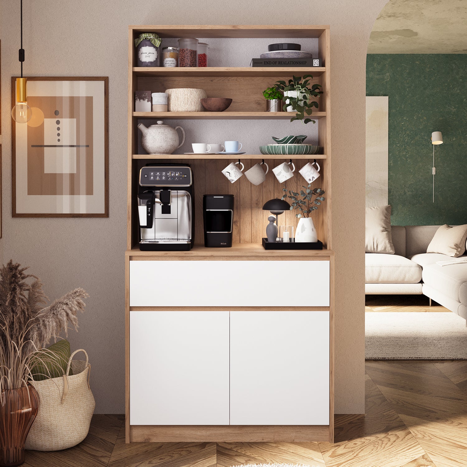 Bimossa Y30 Alba 90x180 cm Çok Amaçlı Kahve Köşesi Dolabı, Kapaklı Raflı Mutfak Dolabı, Kahve İstasyonu, Kiler Dolabı, Organizer Dolap, Mikrodalga  & Airfryer Standı