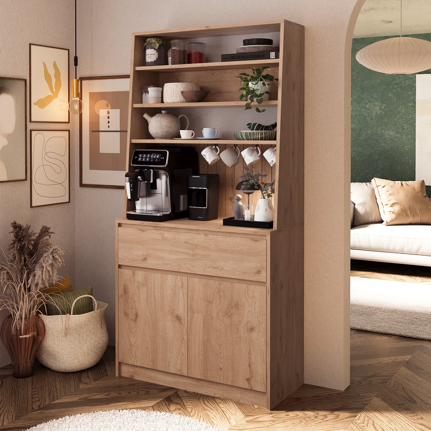 Bimossa Y30 Alba 90x180 cm Çok Amaçlı Kahve Köşesi Dolabı, Kapaklı Raflı Mutfak Dolabı, Kahve İstasyonu, Kiler Dolabı, Organizer Dolap, Mikrodalga  & Airfryer Standı