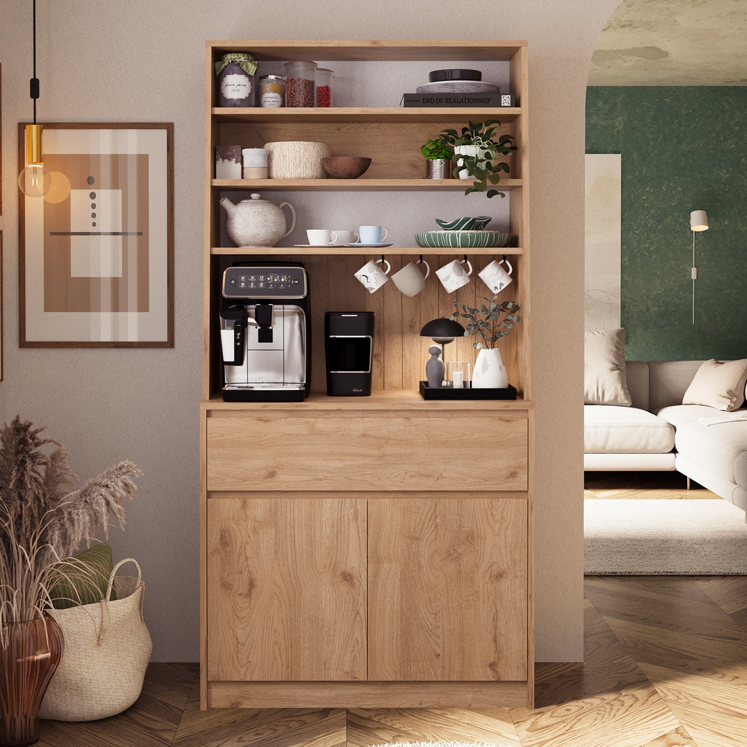 Bimossa Y30 Alba 90x180 cm Çok Amaçlı Kahve Köşesi Dolabı, Kapaklı Raflı Mutfak Dolabı, Kahve İstasyonu, Kiler Dolabı, Organizer Dolap, Mikrodalga  & Airfryer Standı