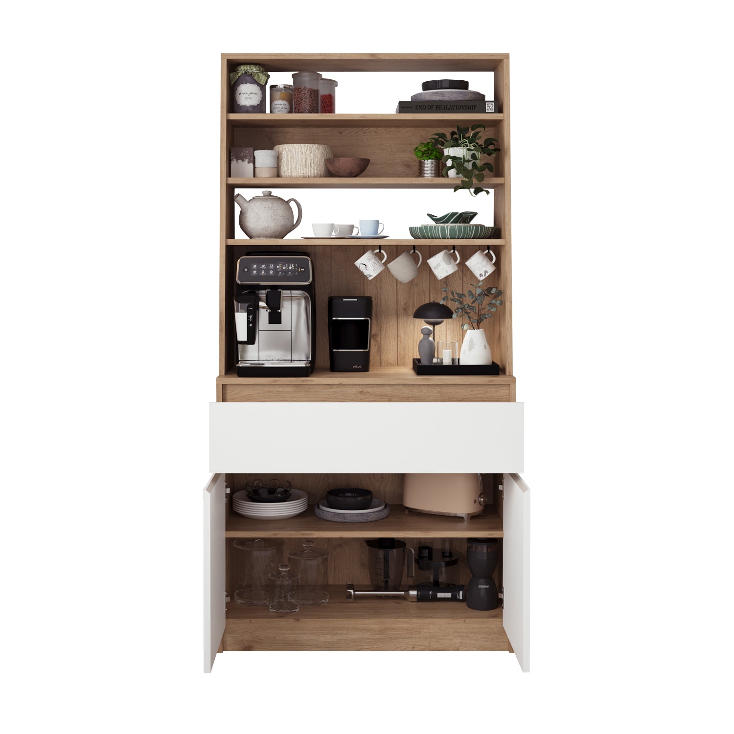 Bimossa Y30 Alba 90x180 cm Çok Amaçlı Kahve Köşesi Dolabı, Kapaklı Raflı Mutfak Dolabı, Kahve İstasyonu, Kiler Dolabı, Organizer Dolap, Mikrodalga  & Airfryer Standı