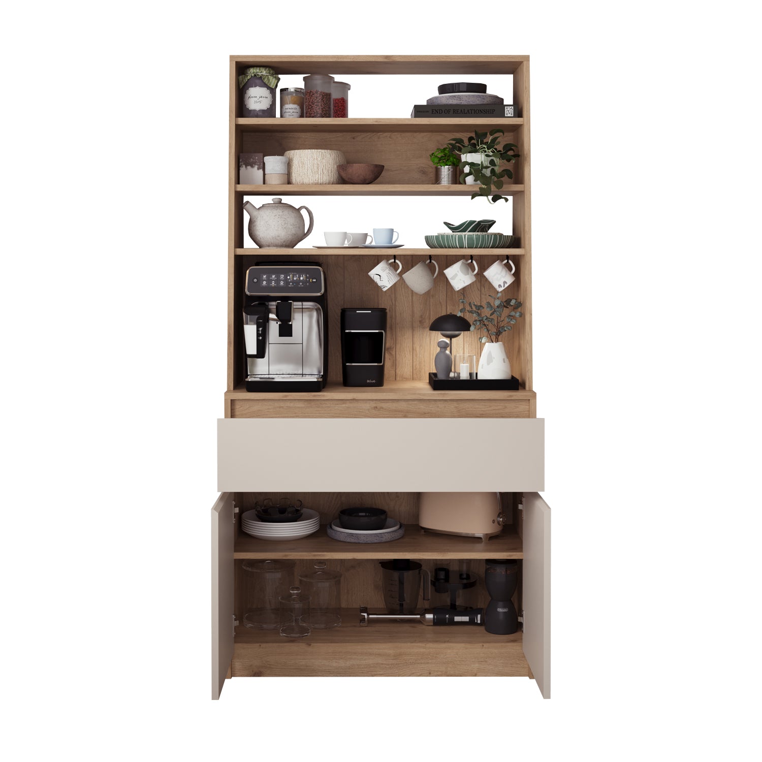 Bimossa Y30 Alba 90x180 cm Çok Amaçlı Kahve Köşesi Dolabı, Kapaklı Raflı Mutfak Dolabı, Kahve İstasyonu, Kiler Dolabı, Organizer Dolap, Mikrodalga  & Airfryer Standı