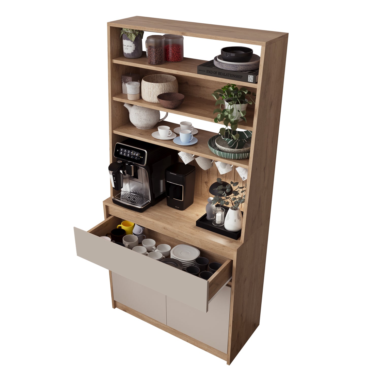 Bimossa Y30 Alba 90x180 cm Çok Amaçlı Kahve Köşesi Dolabı, Kapaklı Raflı Mutfak Dolabı, Kahve İstasyonu, Kiler Dolabı, Organizer Dolap, Mikrodalga  & Airfryer Standı