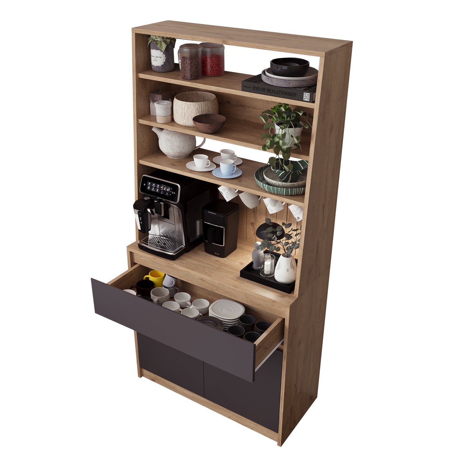 Bimossa Y30 Alba 90x180 cm Çok Amaçlı Kahve Köşesi Dolabı, Kapaklı Raflı Mutfak Dolabı, Kahve İstasyonu, Kiler Dolabı, Organizer Dolap, Mikrodalga  & Airfryer Standı