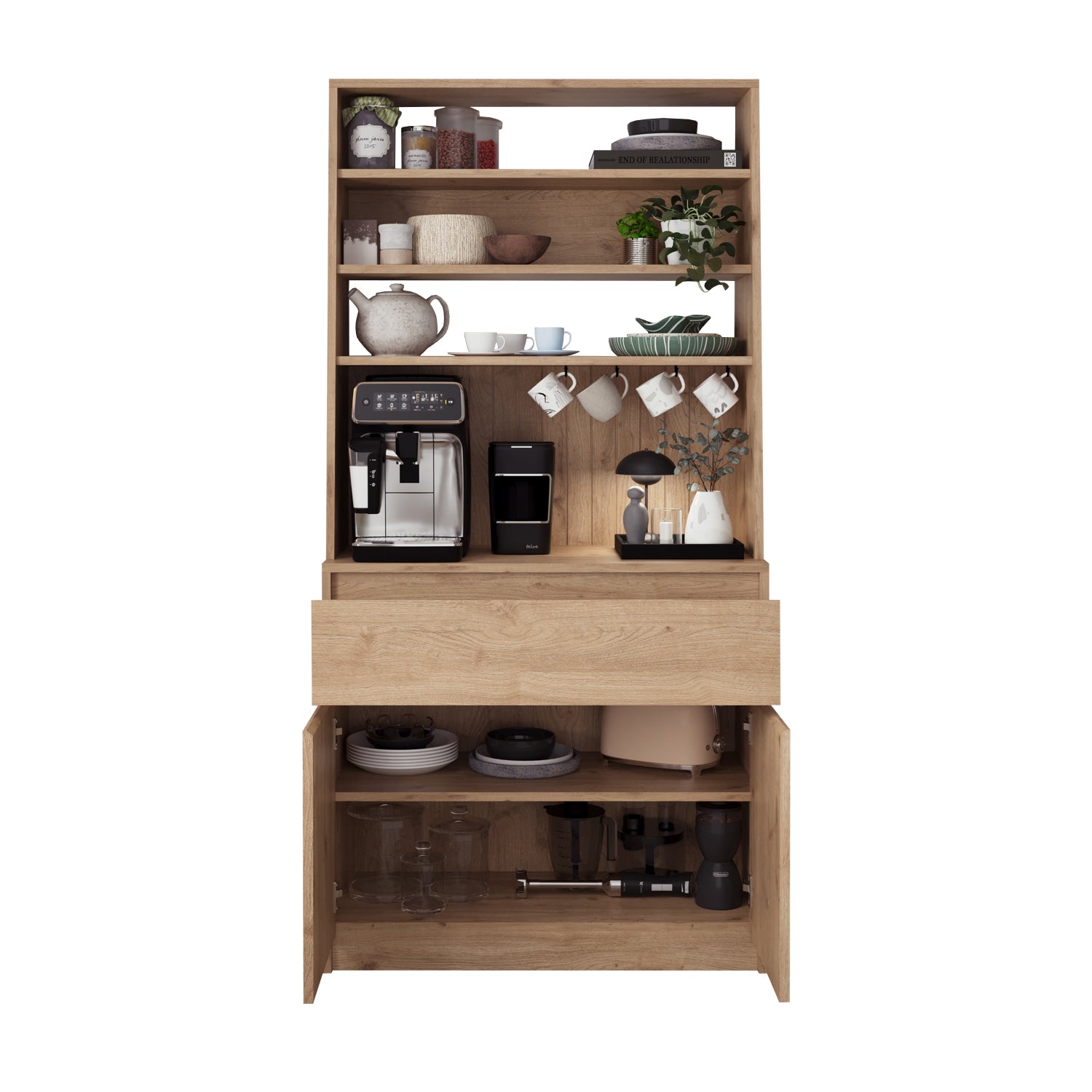 Bimossa Y30 Alba 90x180 cm Çok Amaçlı Kahve Köşesi Dolabı, Kapaklı Raflı Mutfak Dolabı, Kahve İstasyonu, Kiler Dolabı, Organizer Dolap, Mikrodalga  & Airfryer Standı