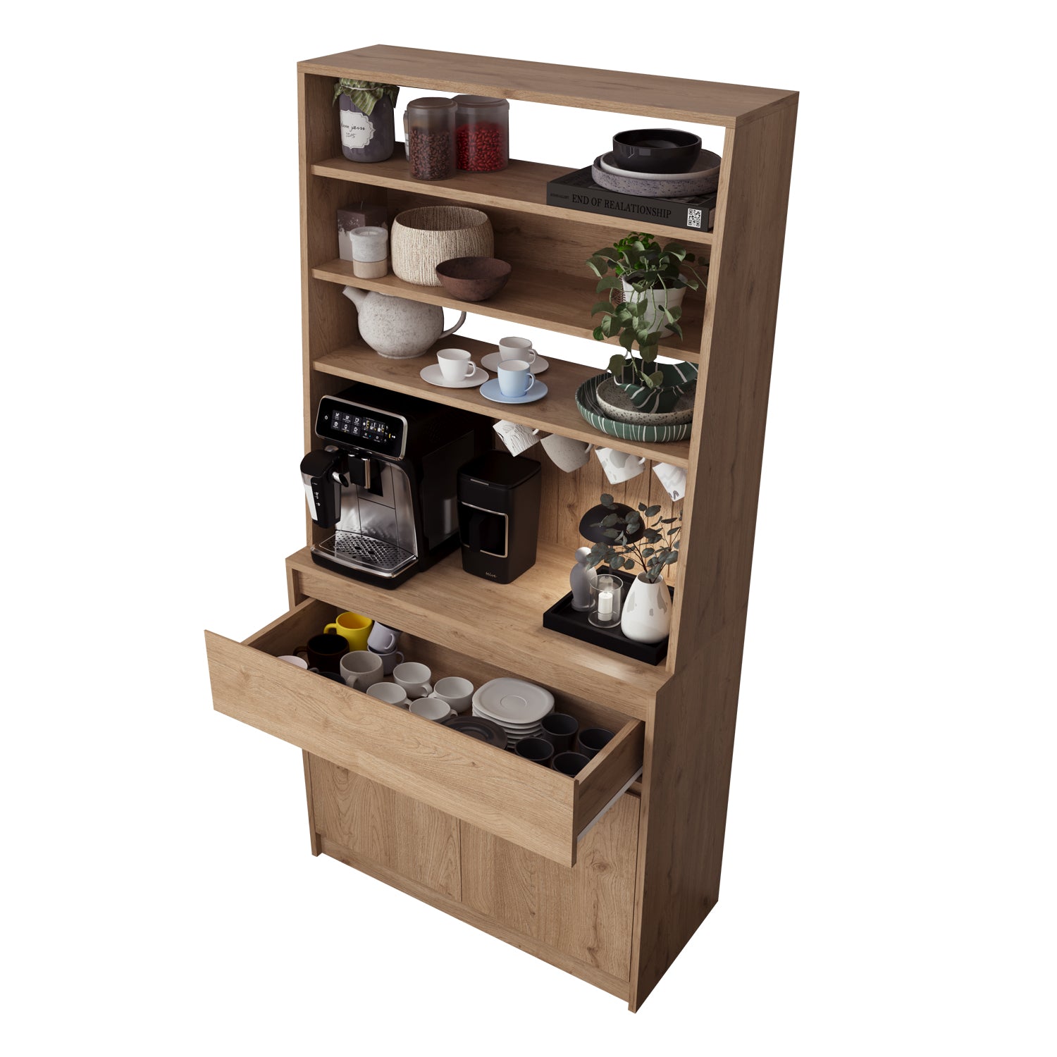 Bimossa Y30 Alba 90x180 cm Çok Amaçlı Kahve Köşesi Dolabı, Kapaklı Raflı Mutfak Dolabı, Kahve İstasyonu, Kiler Dolabı, Organizer Dolap, Mikrodalga  & Airfryer Standı