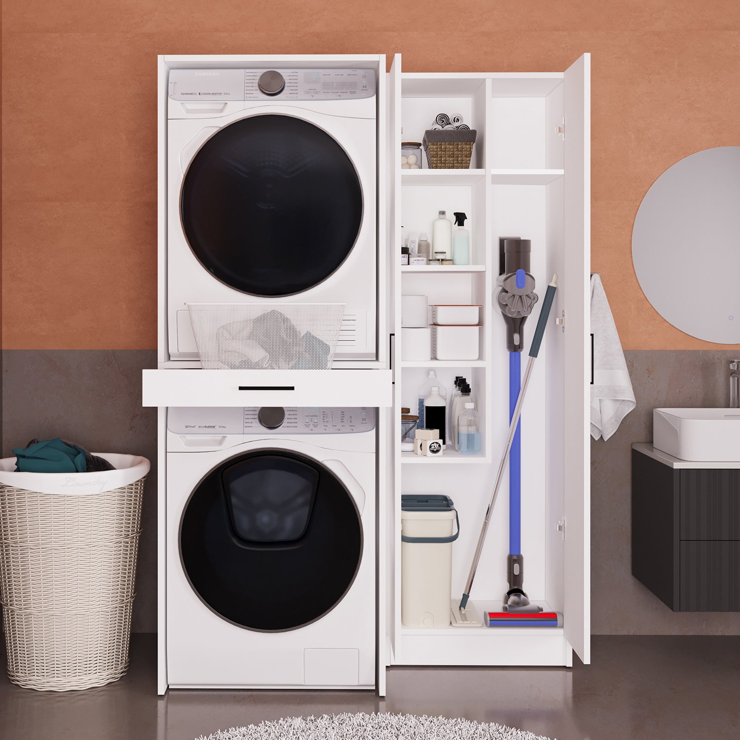 Bimossa Y04 Alvessa İkili Set, Çamaşır ve Kurutma Makinesi Dolabı Beyaz, Kapaklı Raflı Banyo Dolabı, Çamaşır Sepeti Çekmeceli Dolap