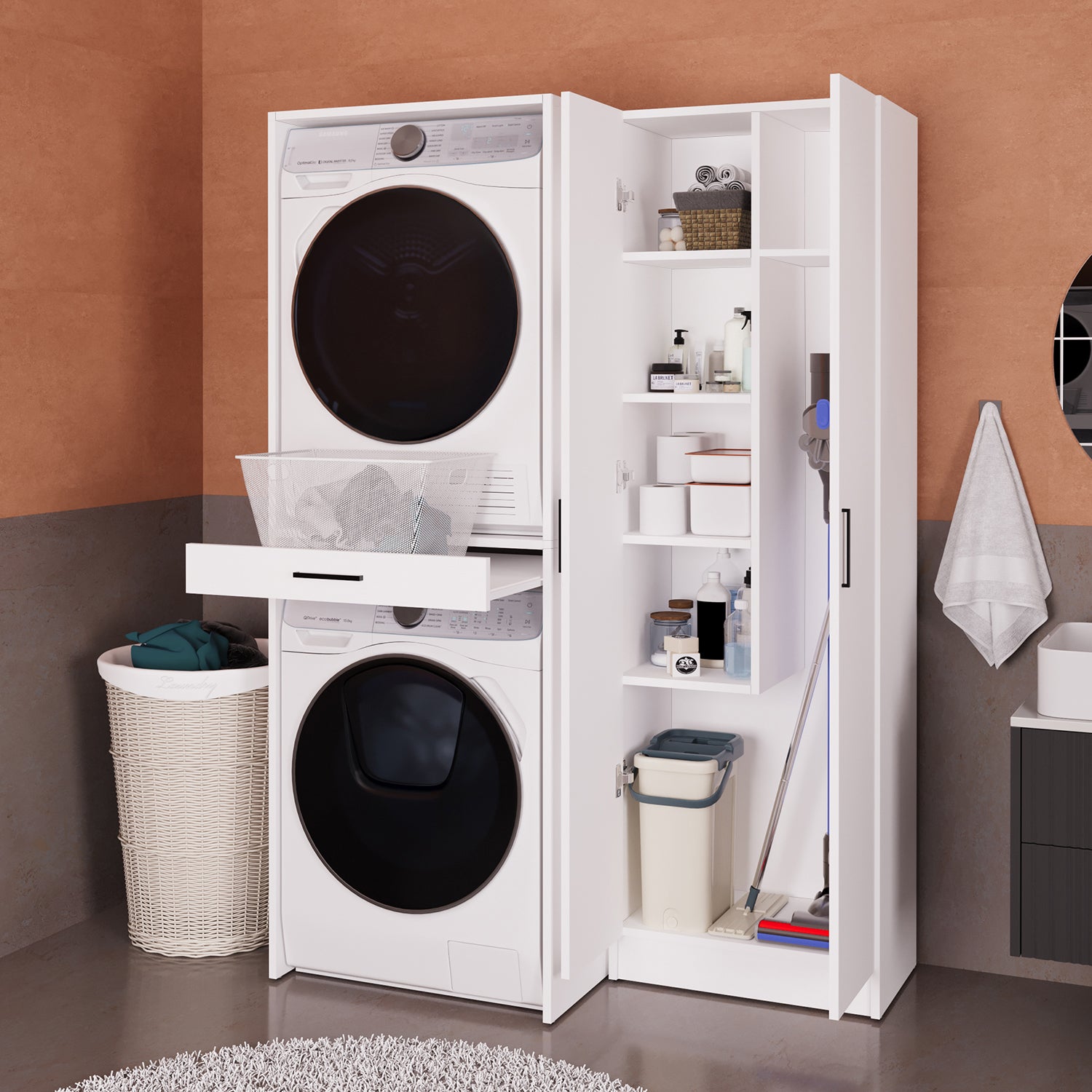 Bimossa Y04 Alvessa İkili Set, Çamaşır ve Kurutma Makinesi Dolabı Beyaz, Kapaklı Raflı Banyo Dolabı, Çamaşır Sepeti Çekmeceli Dolap