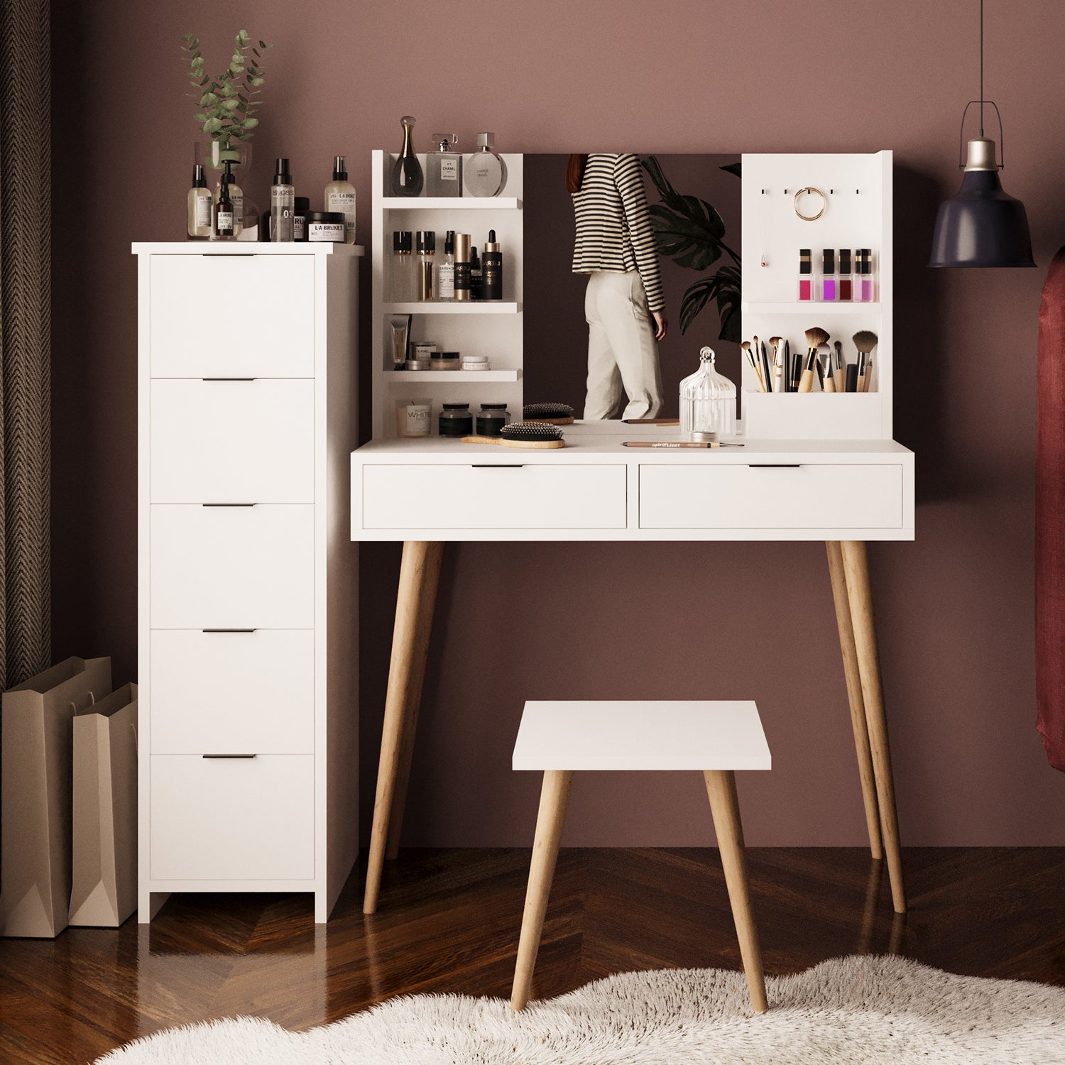 Bimossa U40 Bella Çekmeceli Dolaplı Tabureli Makyaj Masası