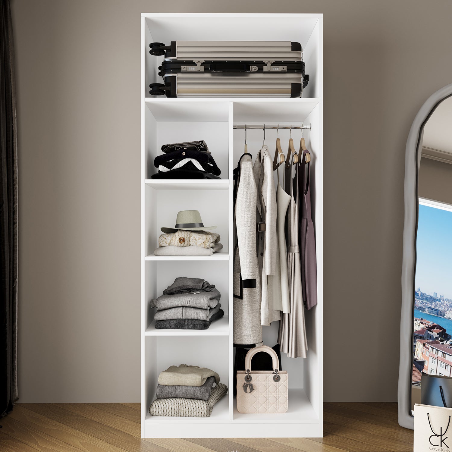 Bimossa KA30 Goss Tekli Kapaksız Boy Askılı Gardırop, Raflı Açık Giyinme Dolabı, Modern Tasarım Beyaz Elbise ve Kıyafet Dolabı