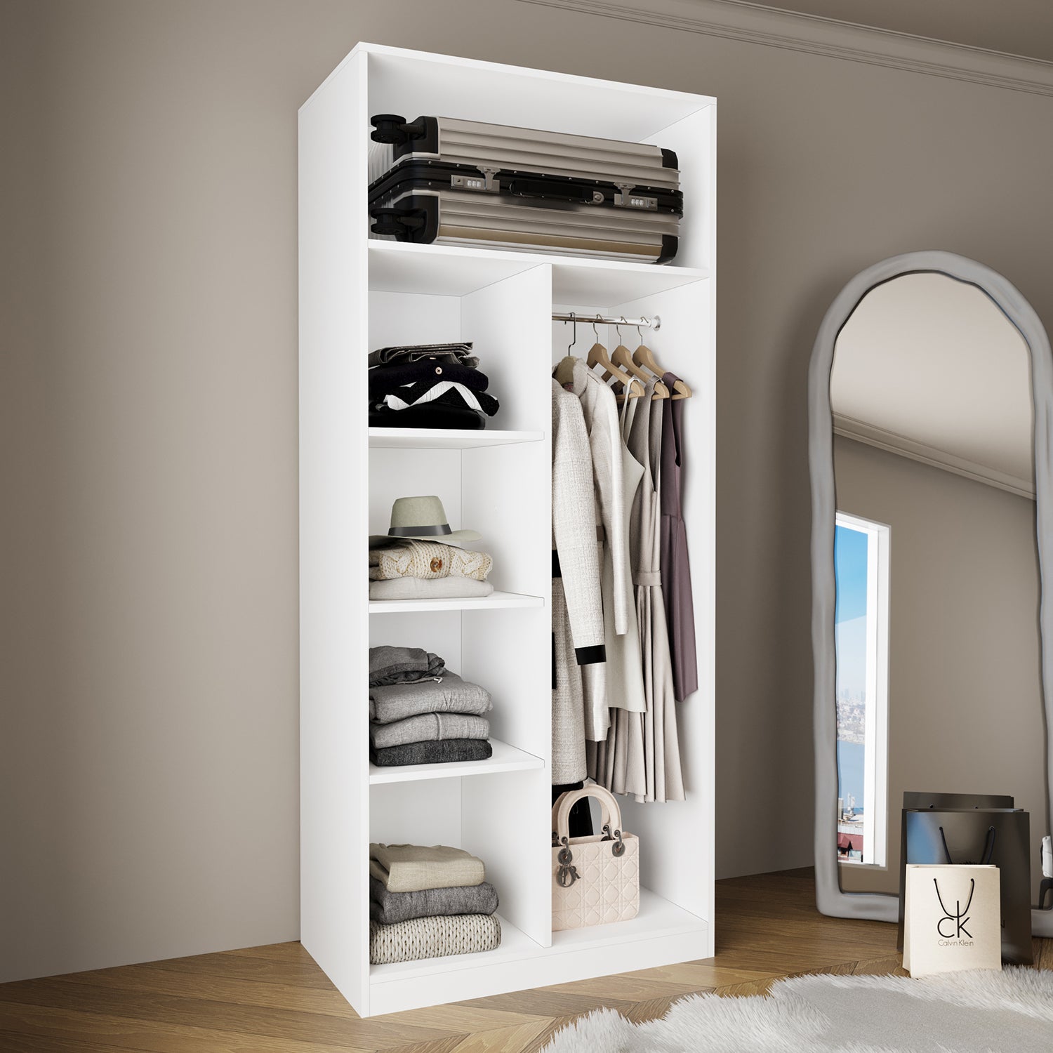 Bimossa KA30 Goss Tekli Kapaksız Boy Askılı Gardırop, Raflı Açık Giyinme Dolabı, Modern Tasarım Beyaz Elbise ve Kıyafet Dolabı