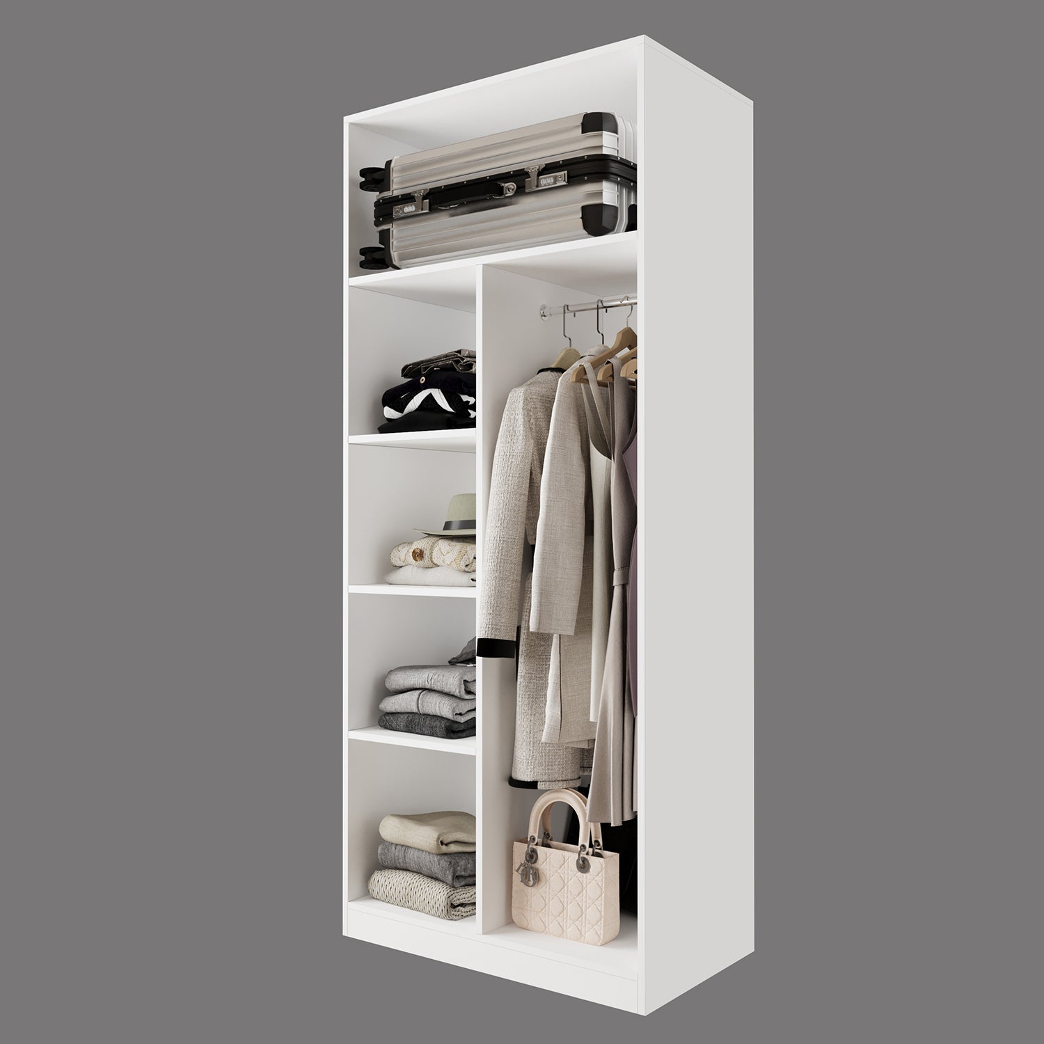 Bimossa KA30 Goss Tekli Kapaksız Boy Askılı Gardırop, Raflı Açık Giyinme Dolabı, Modern Tasarım Beyaz Elbise ve Kıyafet Dolabı