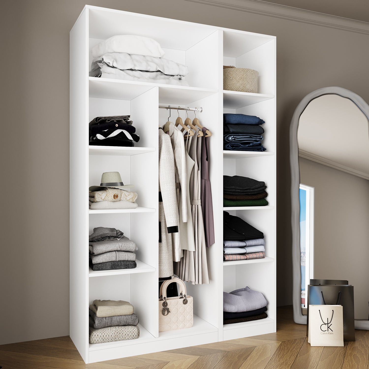 Bimossa KB30 Goss 135 cm İkili Kapaksız İki Bölmeli Dar Gardırop, Boy Askılı ve Dar Raflı Açık Giyinme Dolabı, Beyaz Modern Elbise Dolabı