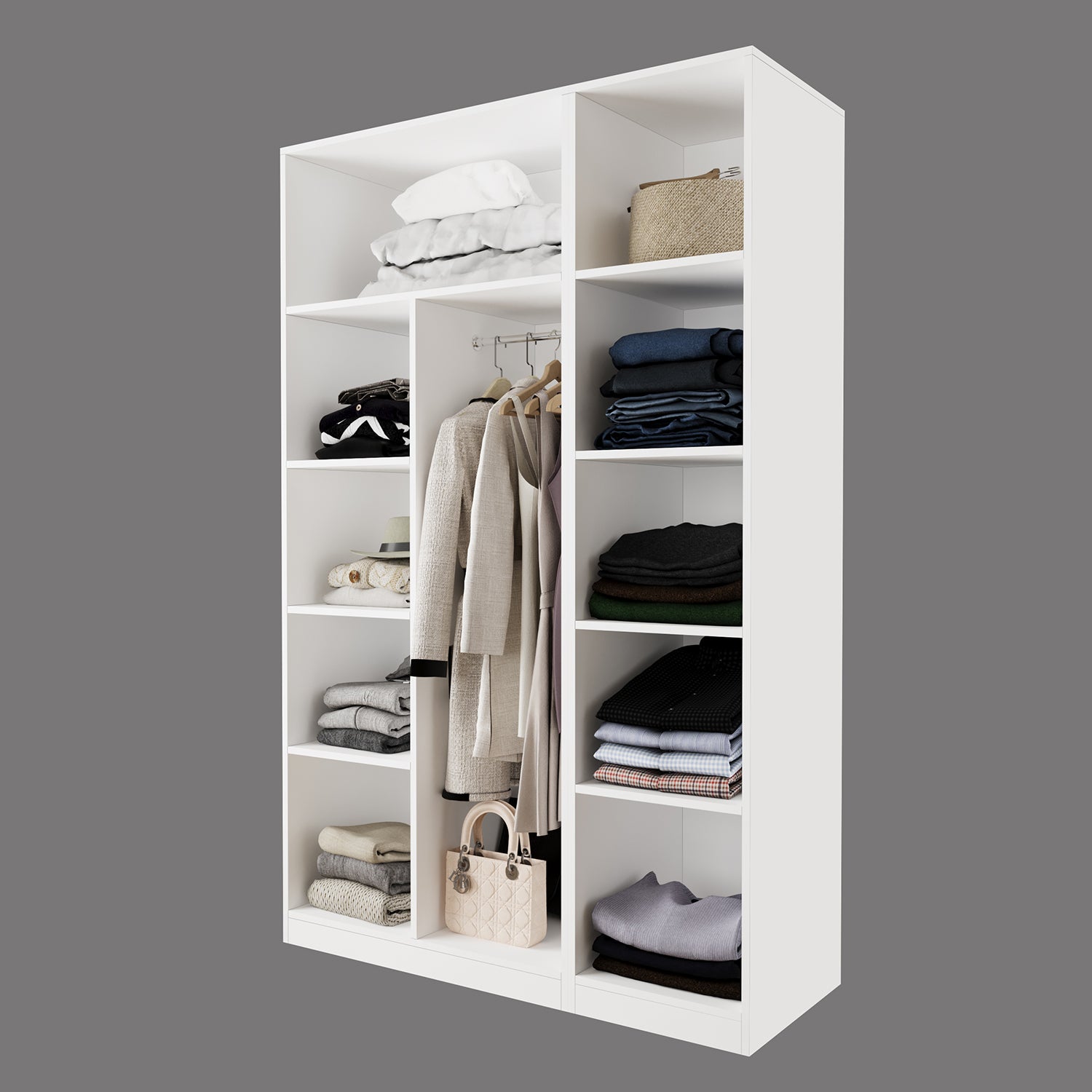 Bimossa KB30 Goss 135 cm İkili Kapaksız İki Bölmeli Dar Gardırop, Boy Askılı ve Dar Raflı Açık Giyinme Dolabı, Beyaz Modern Elbise Dolabı