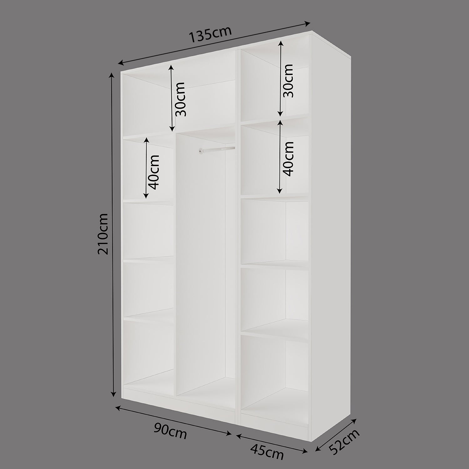 Bimossa KB40 Goss 135 cm İkili 3 Kapaklı, Boy Askılı, Yüklüklü, 9 Raflı Elbise Dolabı, Modern Beyaz Kapaklı Gardırop
