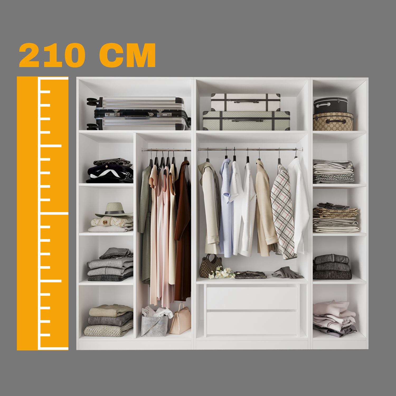 Bimossa KD30 Goss 225 cm Üçlü Dar, 3 Bölmeli Açık Gardırop, 9 Raflı, 2 Büyük Raf Alanı, Boy Askılı ve Çekmeceli Modüler Beyaz Giyim Dolabı