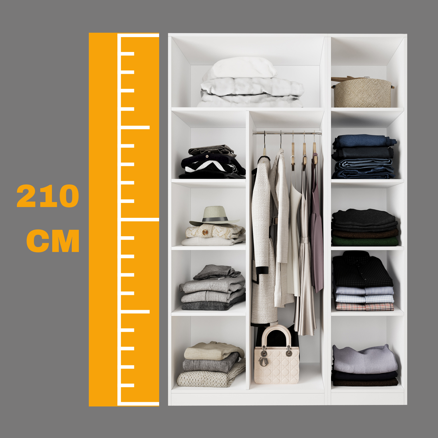 Bimossa KB30 Goss 135 cm İkili Kapaksız İki Bölmeli Dar Gardırop, Boy Askılı ve Dar Raflı Açık Giyinme Dolabı, Beyaz Modern Elbise Dolabı