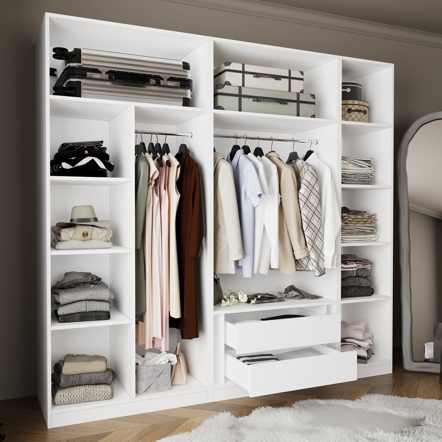 Bimossa KD30 Goss 225 cm Üçlü Dar, 3 Bölmeli Açık Gardırop, 9 Raflı, 2 Büyük Raf Alanı, Boy Askılı ve Çekmeceli Modüler Beyaz Giyim Dolabı