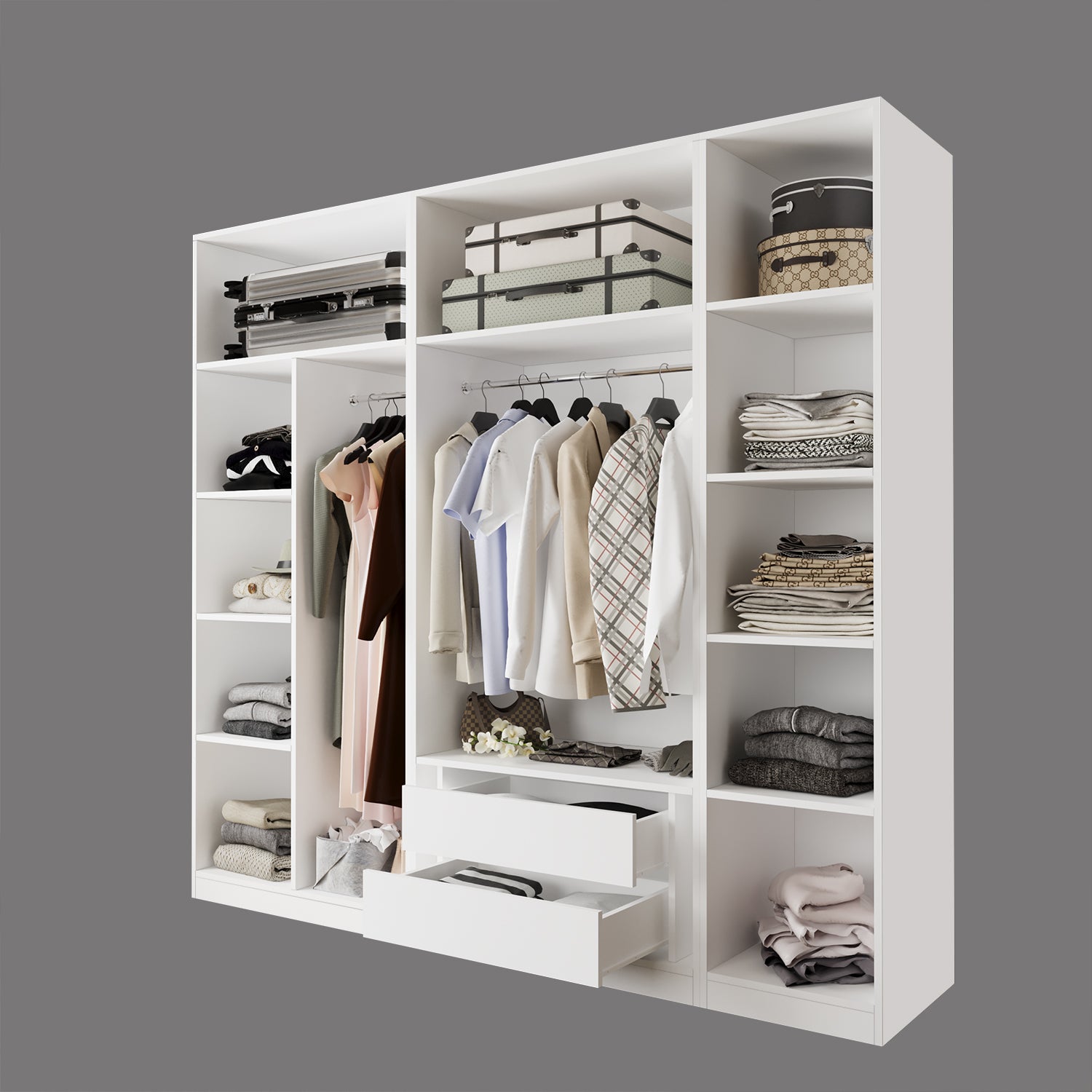 Bimossa KD30 Goss 225 cm Üçlü Dar, 3 Bölmeli Açık Gardırop, 9 Raflı, 2 Büyük Raf Alanı, Boy Askılı ve Çekmeceli Modüler Beyaz Giyim Dolabı