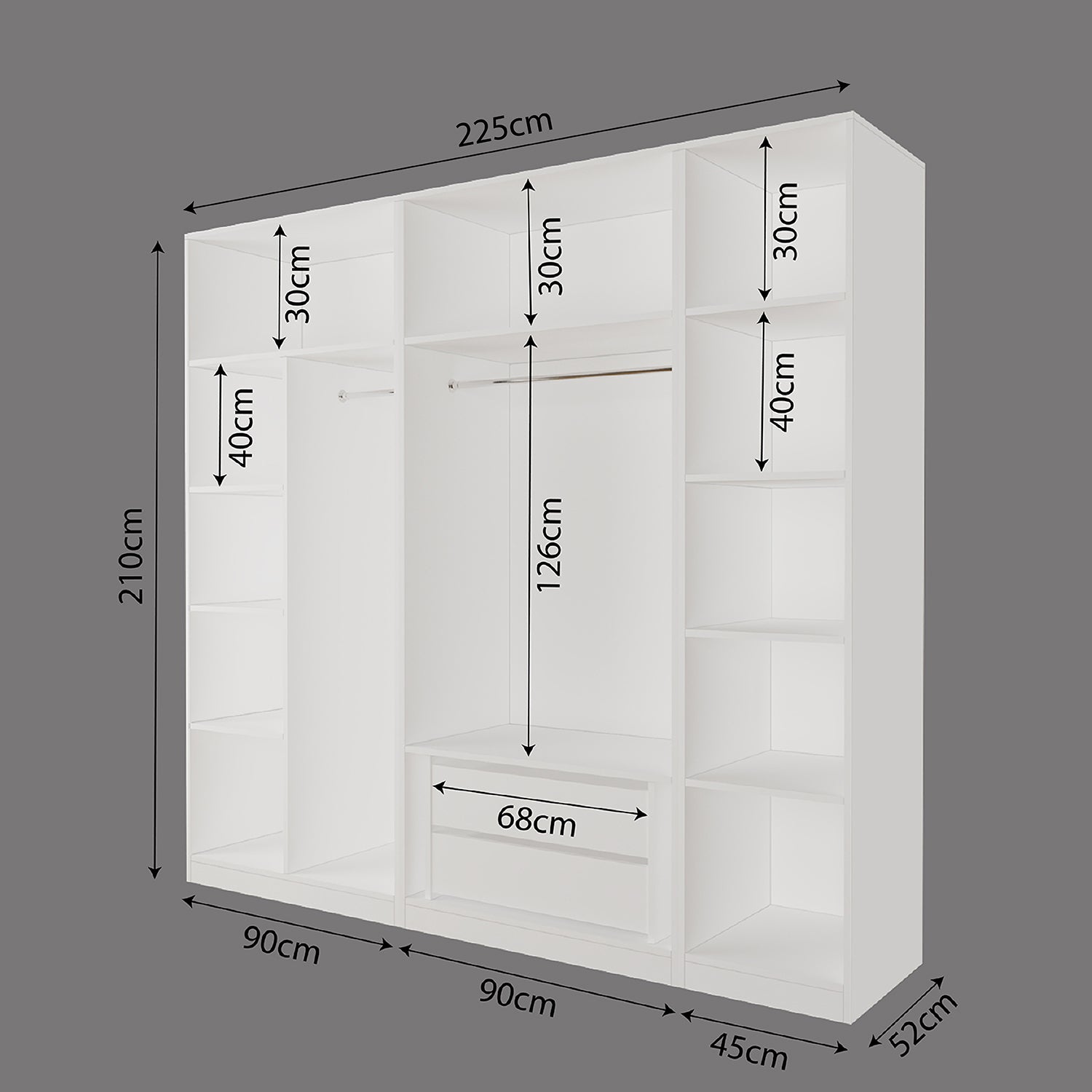 Bimossa KD30 Goss 225 cm Üçlü Dar, 3 Bölmeli Açık Gardırop, 9 Raflı, 2 Büyük Raf Alanı, Boy Askılı ve Çekmeceli Modüler Beyaz Giyim Dolabı