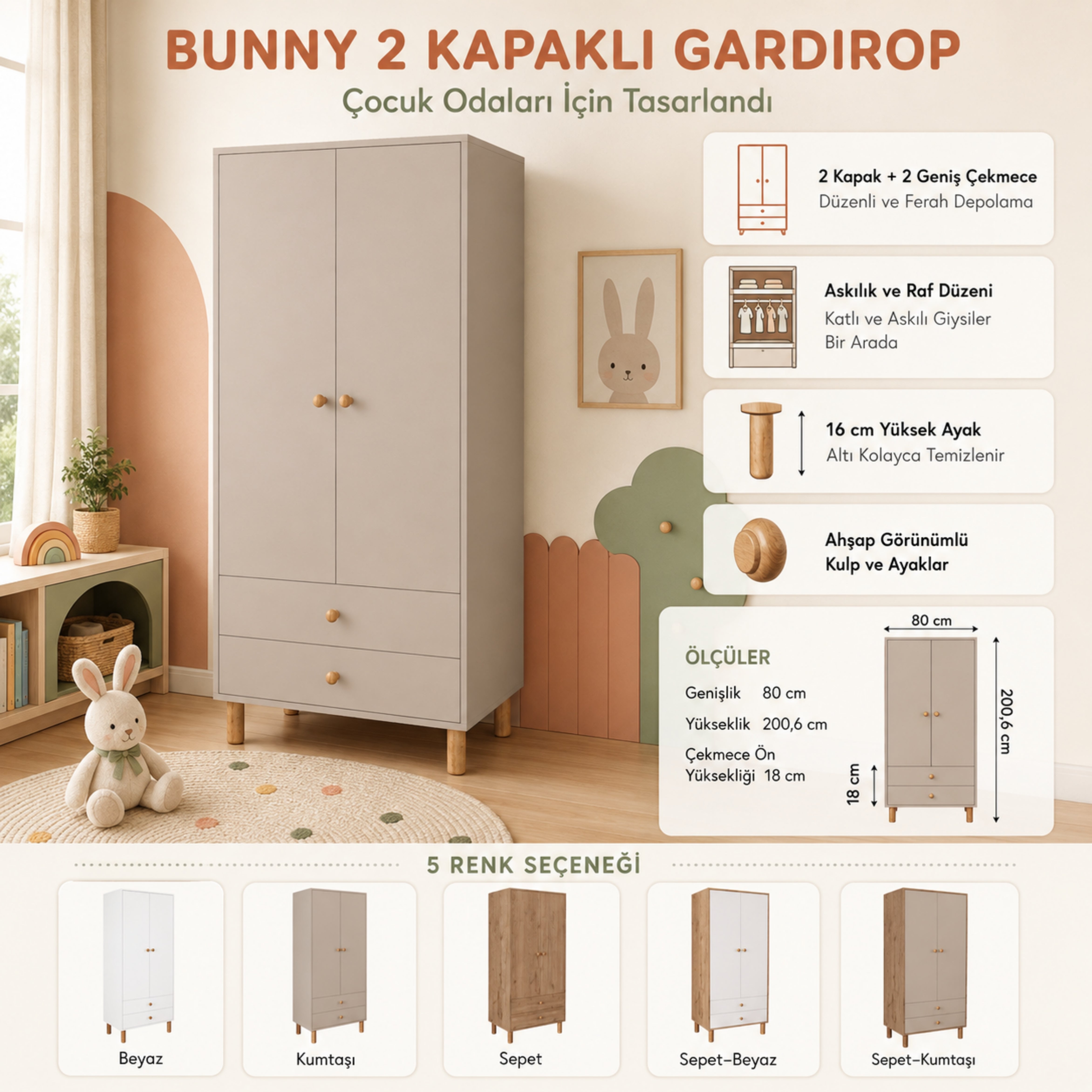 Bimossa KG20 Bunny 80 cm, 2 Kapaklı Gardırop, 2 Çekmeceli Yüksek Ayaklı Çocuk Odası Gardırobu