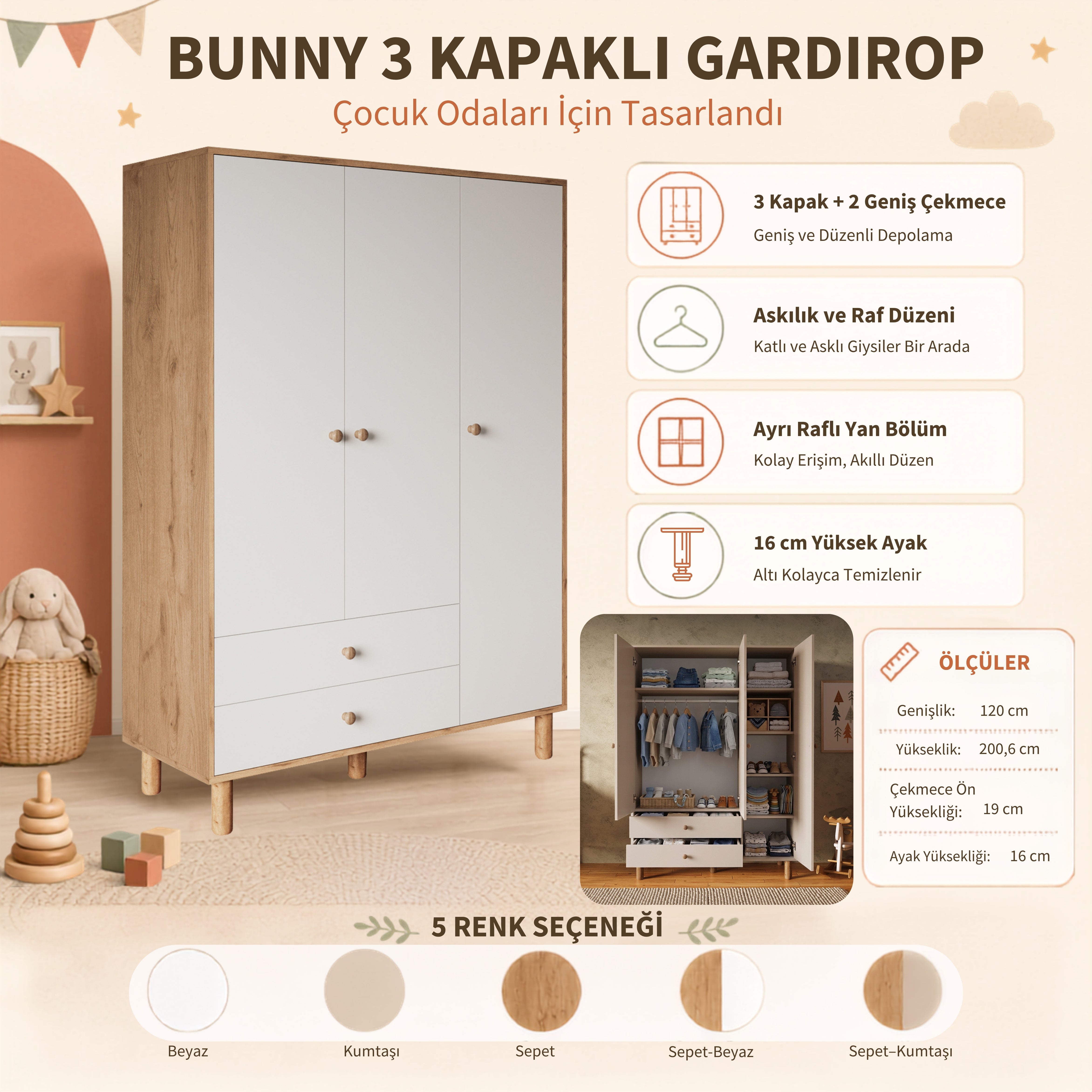 Bimossa KG30 Bunny 120 cm, 3 Kapaklı Gardırop, 2 Çekmeceli Yüksek Ayaklı Çocuk Odası Gardırobu
