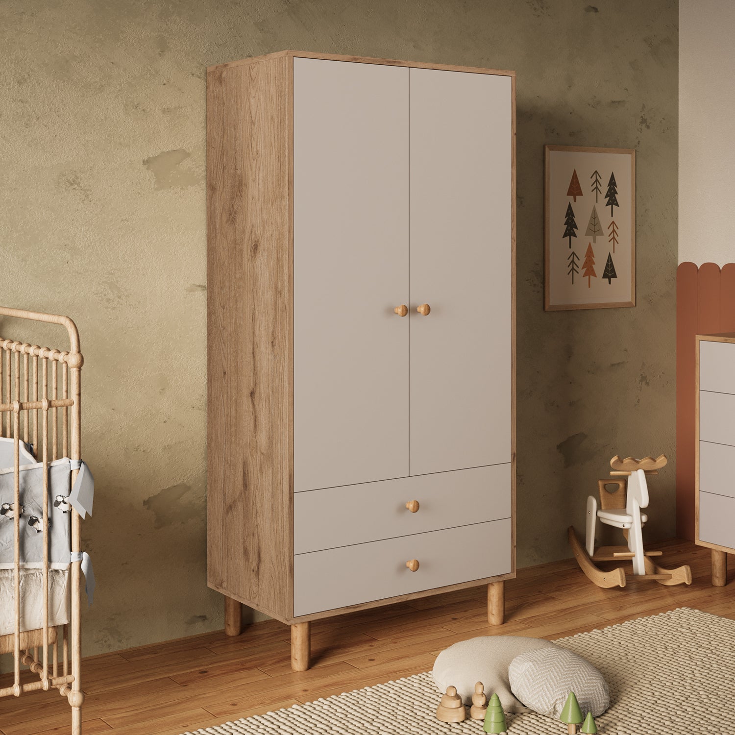Bimossa KG20 Bunny 80 cm, 2 Kapaklı Gardırop, 2 Çekmeceli Yüksek Ayaklı Çocuk Odası Gardırobu