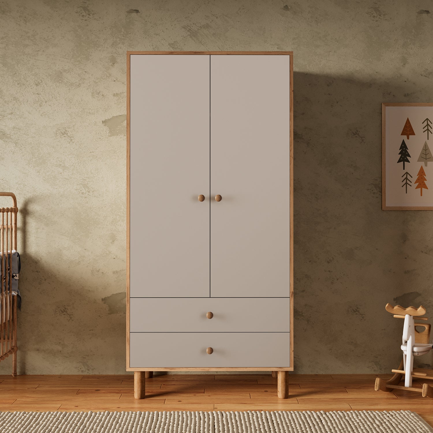 Bimossa KG20 Bunny 80 cm, 2 Kapaklı Gardırop, 2 Çekmeceli Yüksek Ayaklı Çocuk Odası Gardırobu