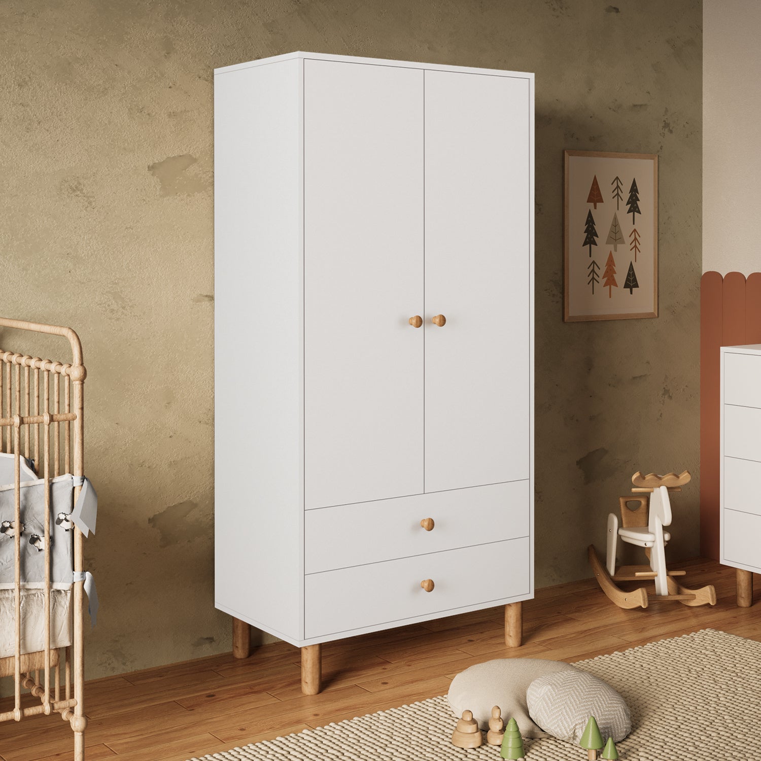 Bimossa KG20 Bunny 80 cm, 2 Kapaklı Gardırop, 2 Çekmeceli Yüksek Ayaklı Çocuk Odası Gardırobu