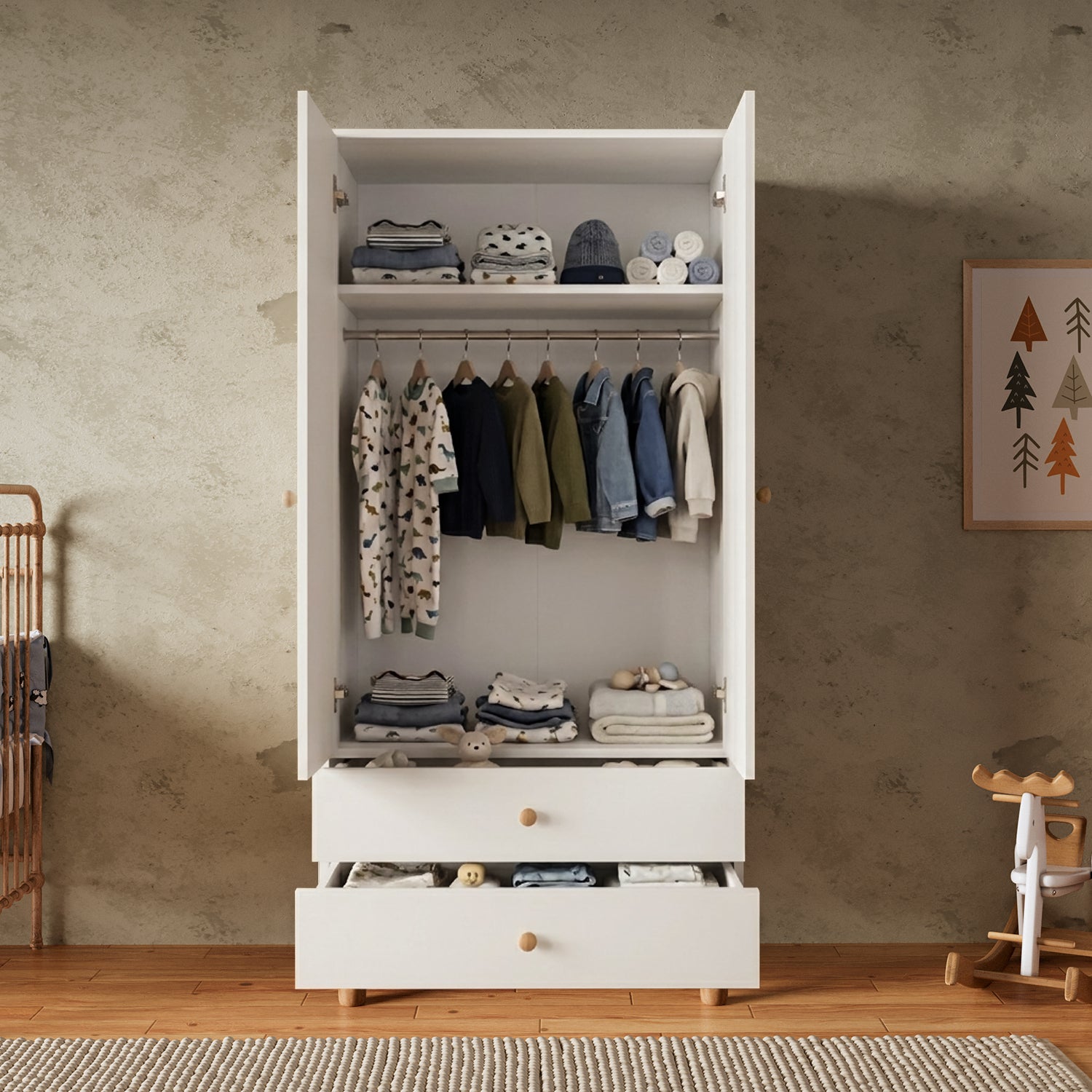 Bimossa KG20 Bunny 80 cm, 2 Kapaklı Gardırop, 2 Çekmeceli Yüksek Ayaklı Çocuk Odası Gardırobu