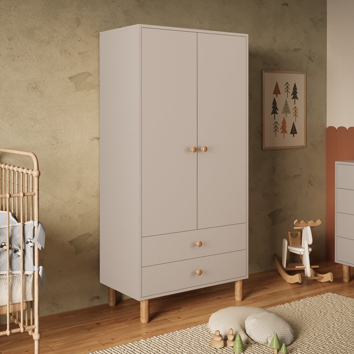 Bimossa KG20 Bunny 80 cm, 2 Kapaklı Gardırop, 2 Çekmeceli Yüksek Ayaklı Çocuk Odası Gardırobu