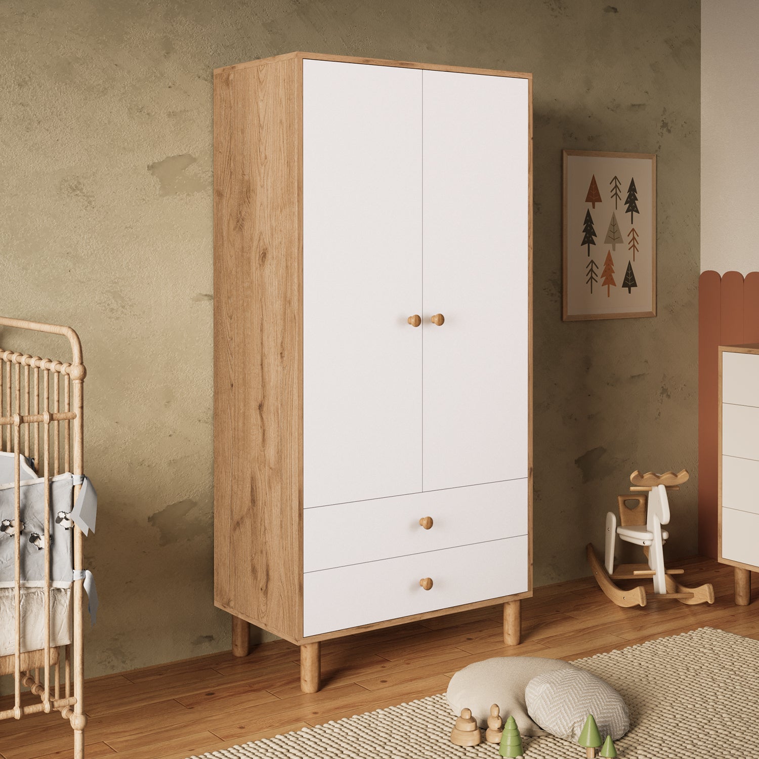Bimossa KG20 Bunny 80 cm, 2 Kapaklı Gardırop, 2 Çekmeceli Yüksek Ayaklı Çocuk Odası Gardırobu