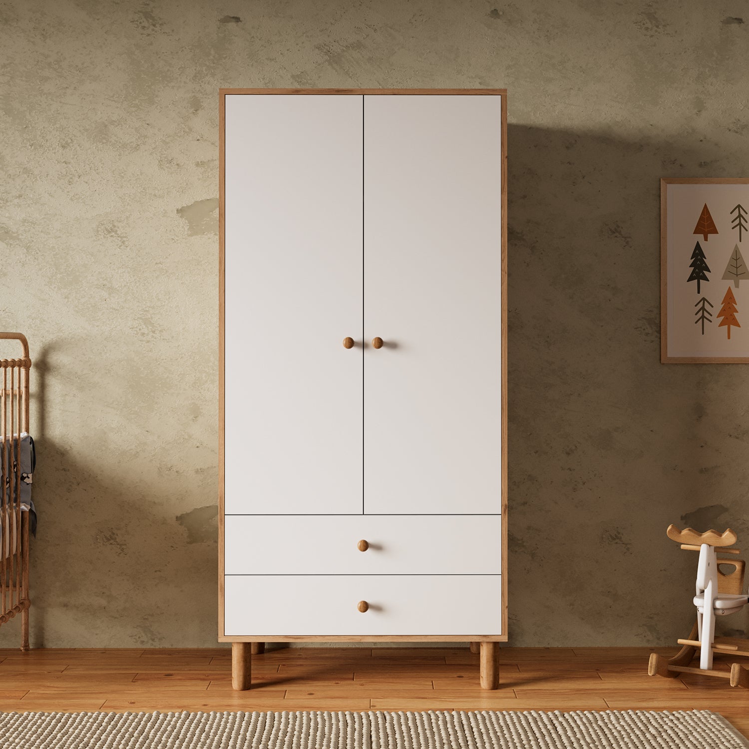 Bimossa KG20 Bunny 80 cm, 2 Kapaklı Gardırop, 2 Çekmeceli Yüksek Ayaklı Çocuk Odası Gardırobu