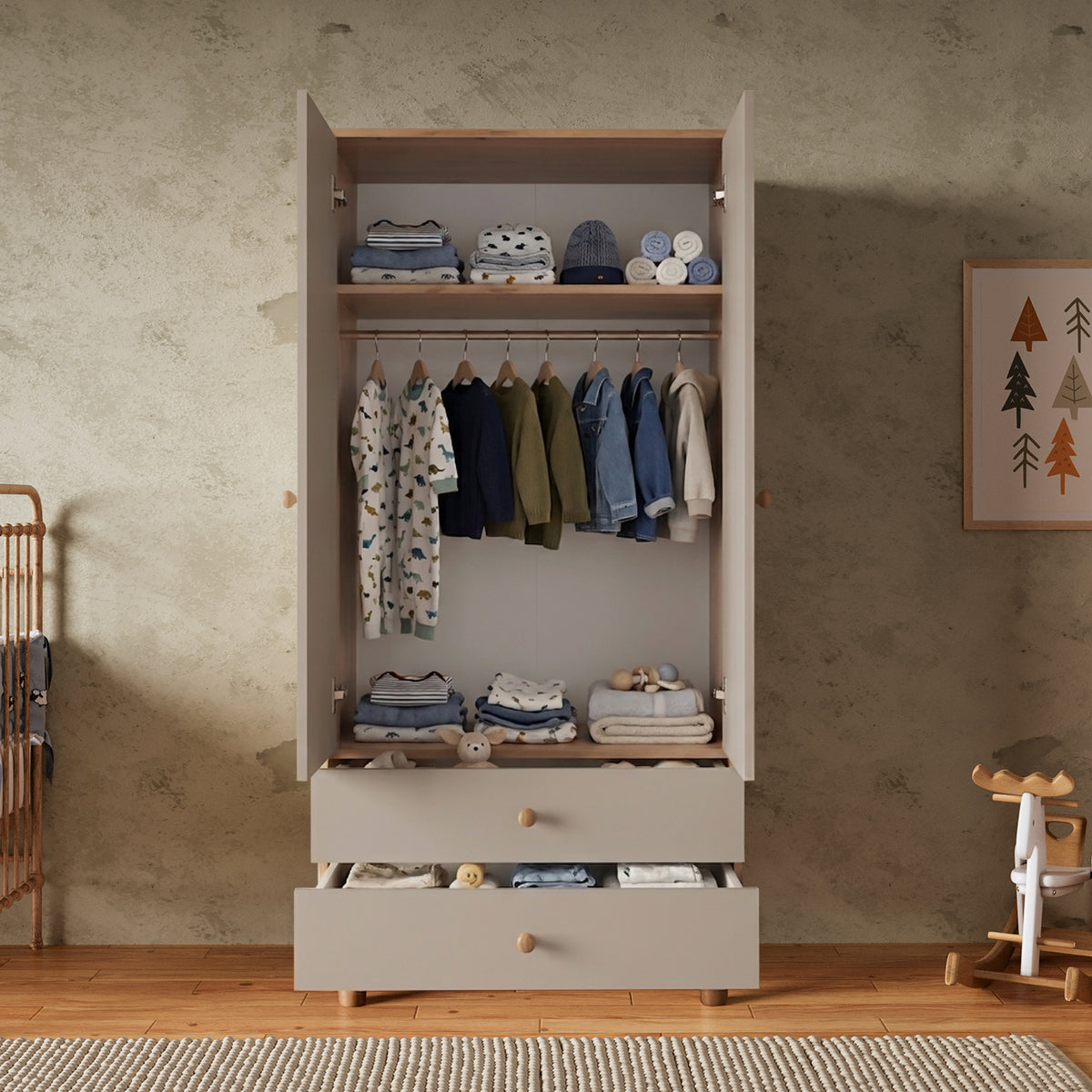 Bimossa TK20 Bunny 2 Kapaklı Gardırop ve 4 Çekmeceli Şifonyer, Yüksek Ayaklı Çocuk Odası Takımı